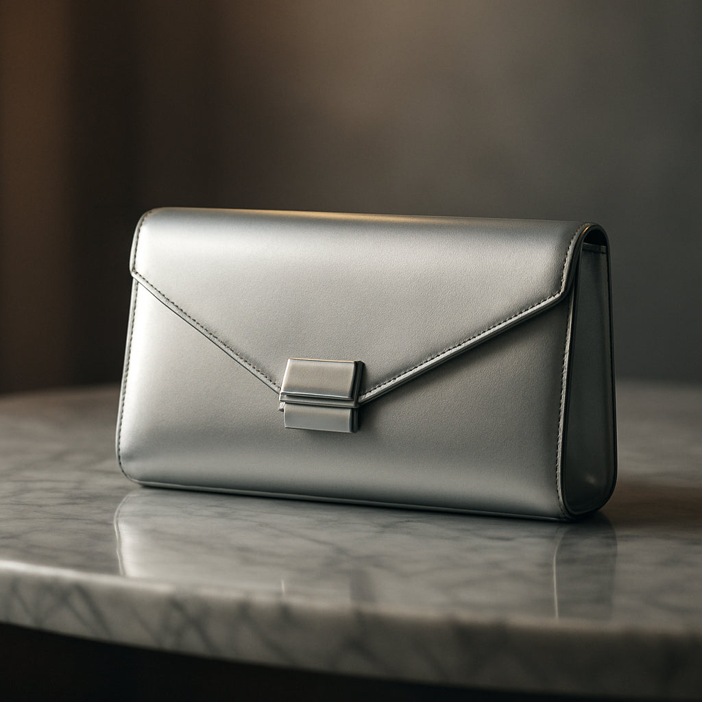 A sleek silver designer clutch bag perched on a marble countertop, reflecting soft ambient light. Alt: silver designer clutch bag luxury accessory
