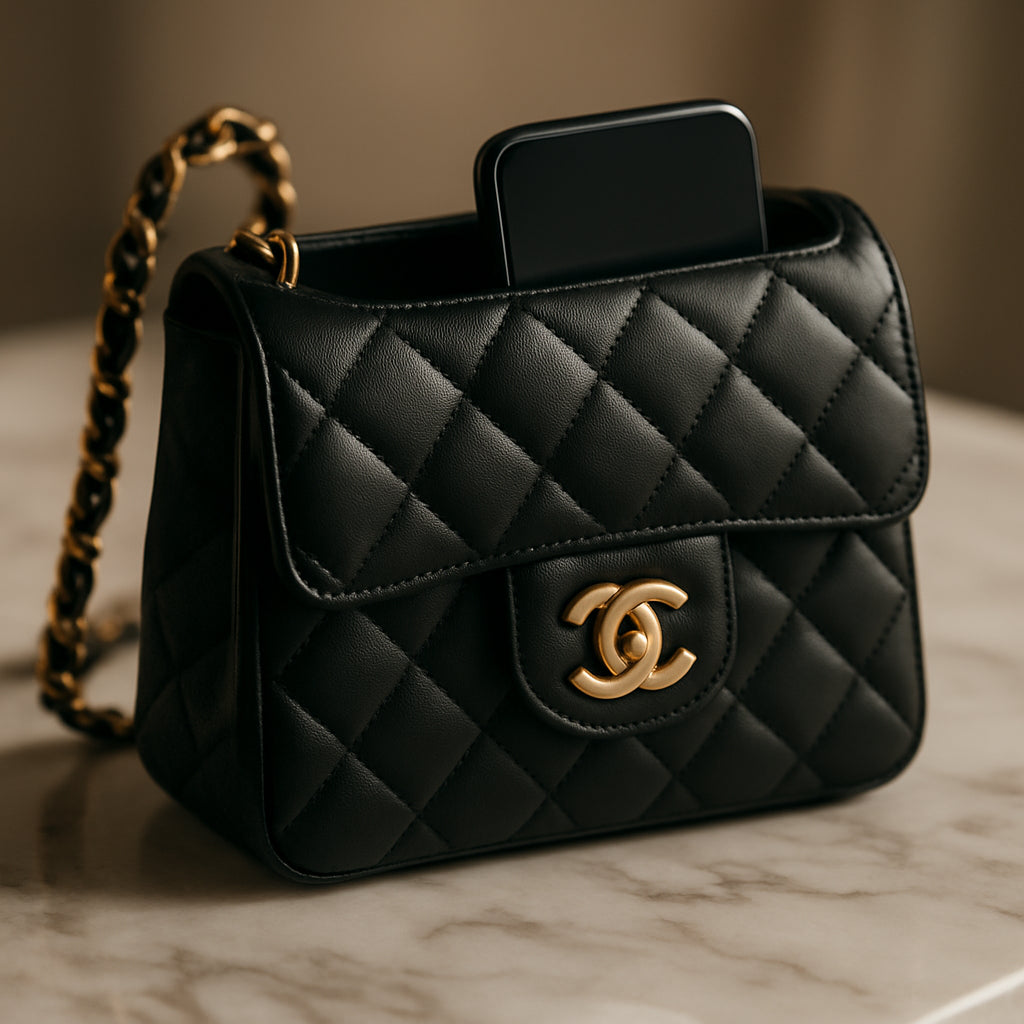 A close‑up of a Chanel Mini Flap Bag on a marble table, showing the quilted leather, gold turn‑lock clasp, and a slim phone peeking out of the interior. Alt: Chanel Mini Flap Bag timeless elegance luxury accessory.