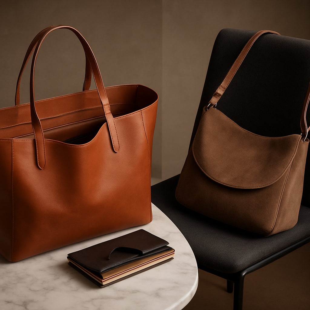 A luxurious leather tote bag open on a marble desk beside a sleek suede shoulder bag on a modern chair. Alt: tote bag vs shoulder bag design capacity comparison luxury fashion