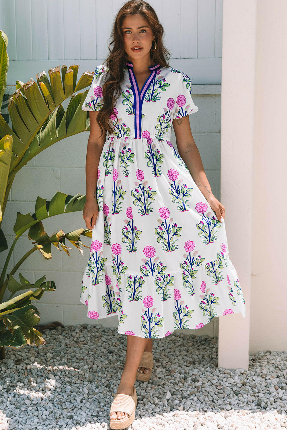 Luxury Floral Puff Short Sleeve V Neck High Waist Maxi Dress.
