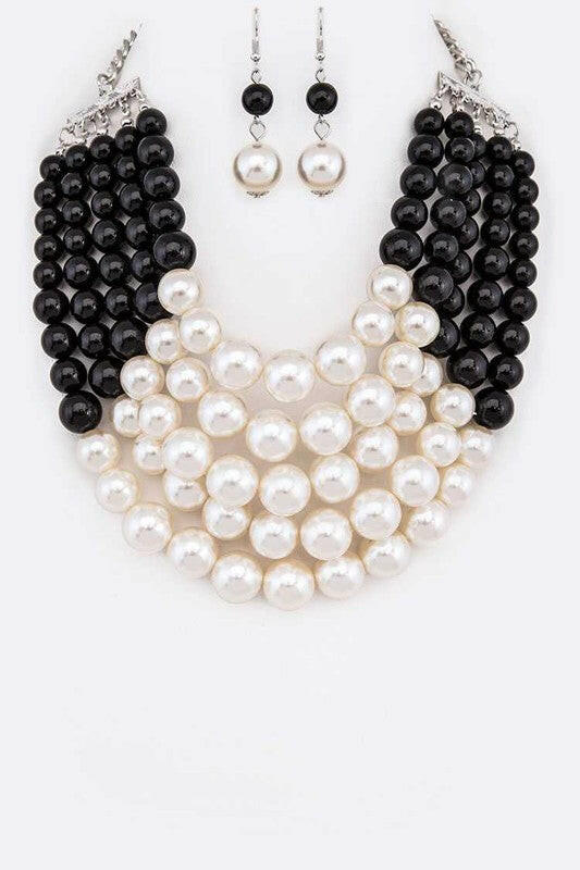 2 Tone Layered Pearls Strand Statement Necklace.