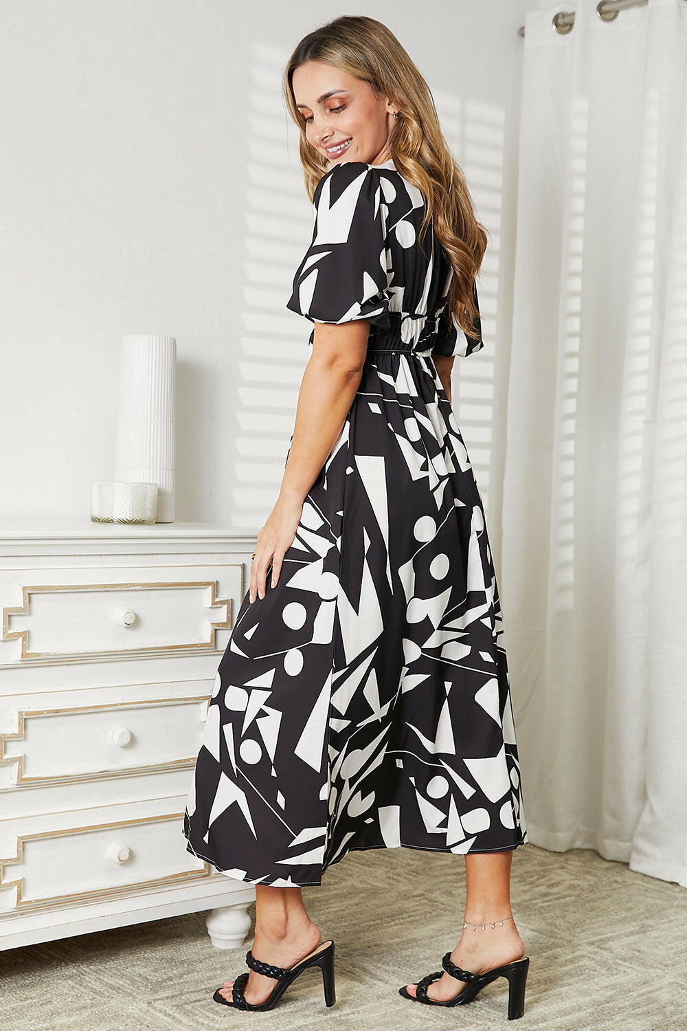 Double Take Printed Surplice Balloon Sleeve Dress.