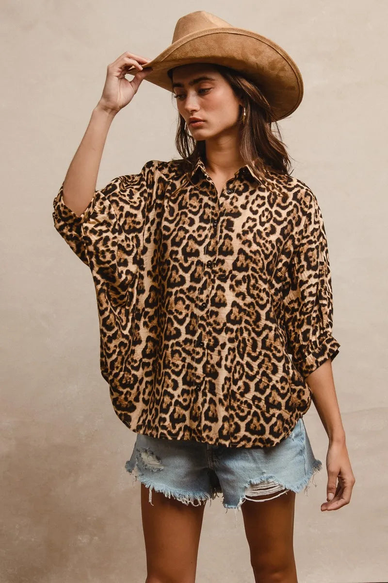 BiBi Leopard Prints Overseized Short Sleeves Top.