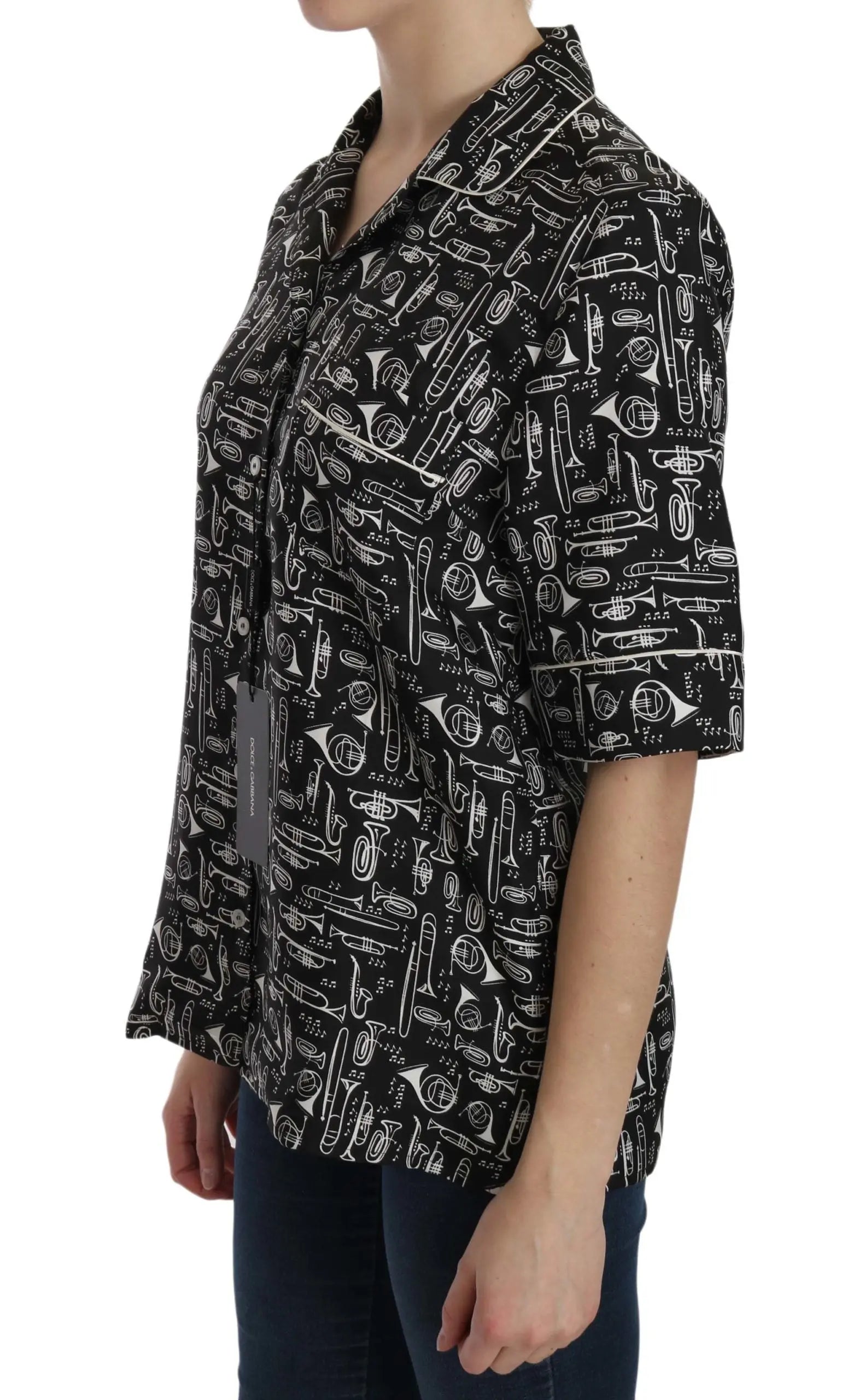 Dolce & Gabbana Musical Instrument Silk Collared Top Dolce & Gabbana