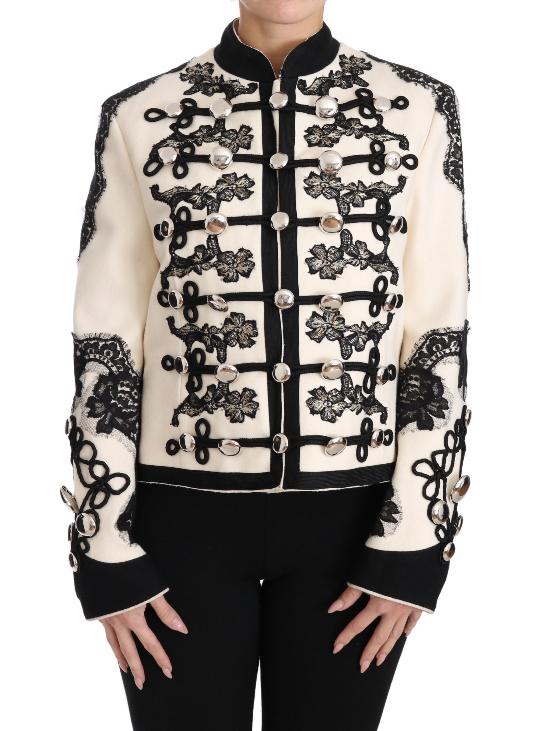 Dolce & Gabbana White Wool Black Floral Baroque Jacket Dolce & Gabbana