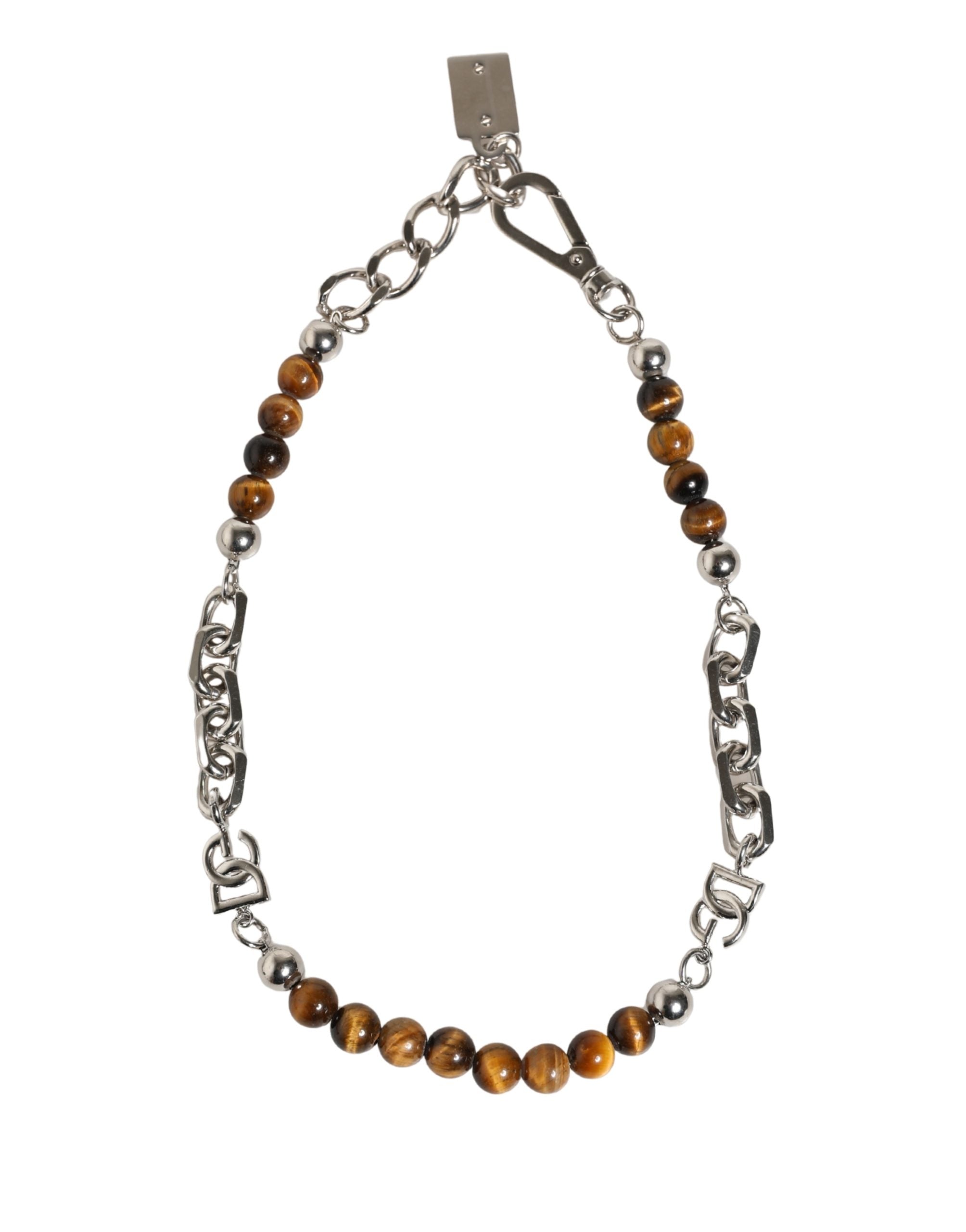 Dolce & Gabbana Silver Tone Brass Chain Beaded Gem DG Logo Bracelet