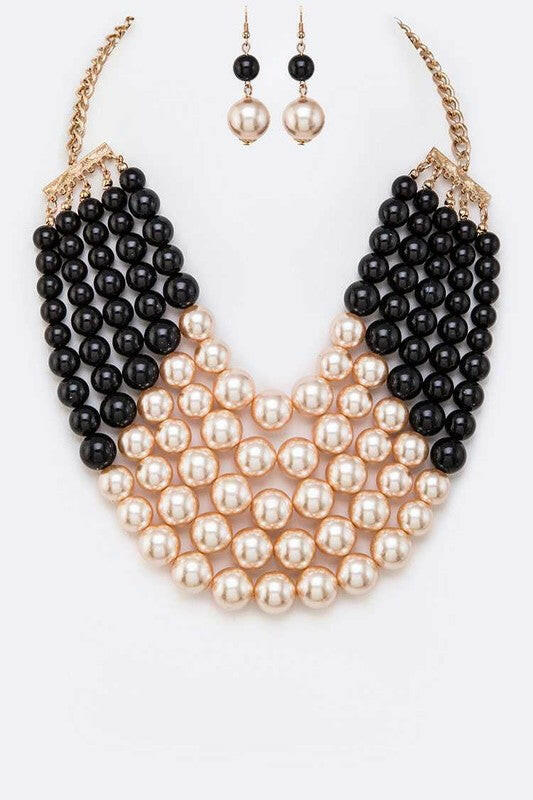 2 Tone Layered Pearls Strand Statement Necklace.