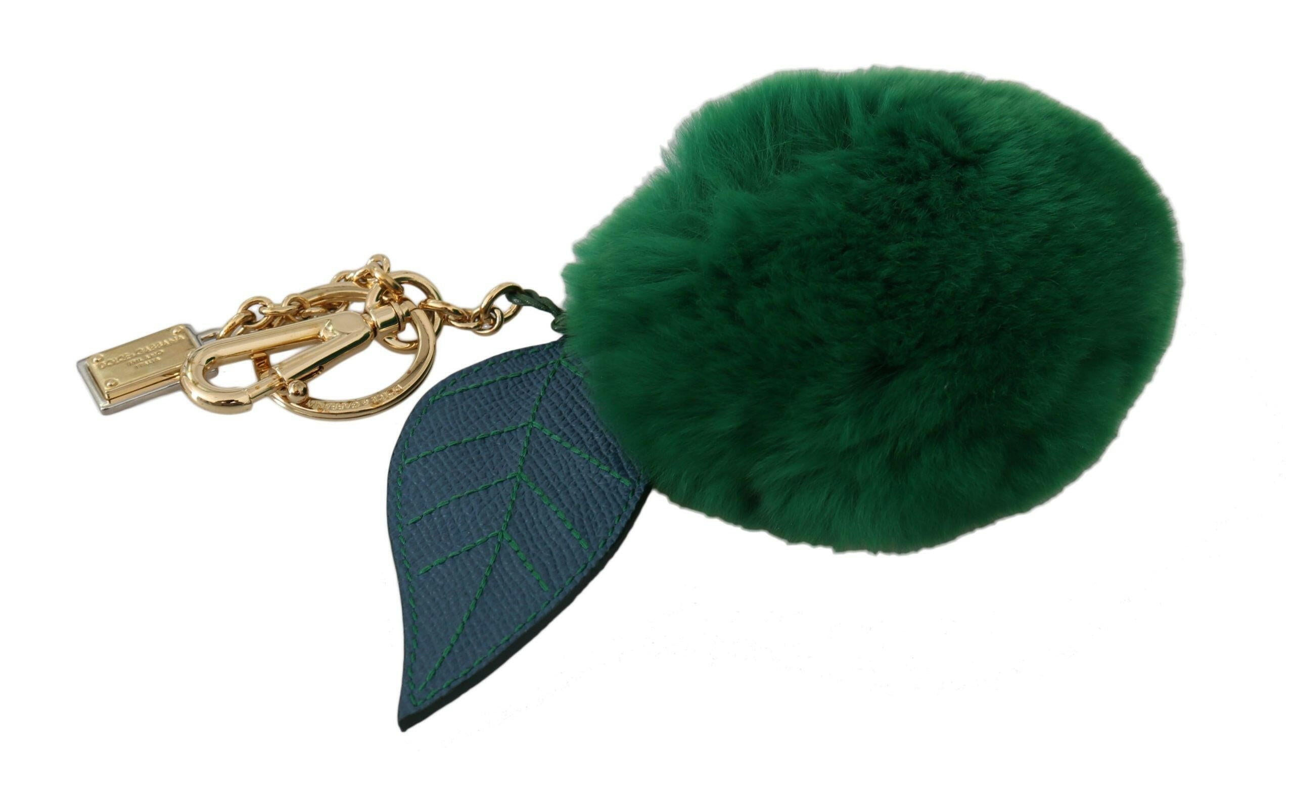 Dolce & Gabbana Green Leather Fur Gold Clasp Keyring Women Keychain.