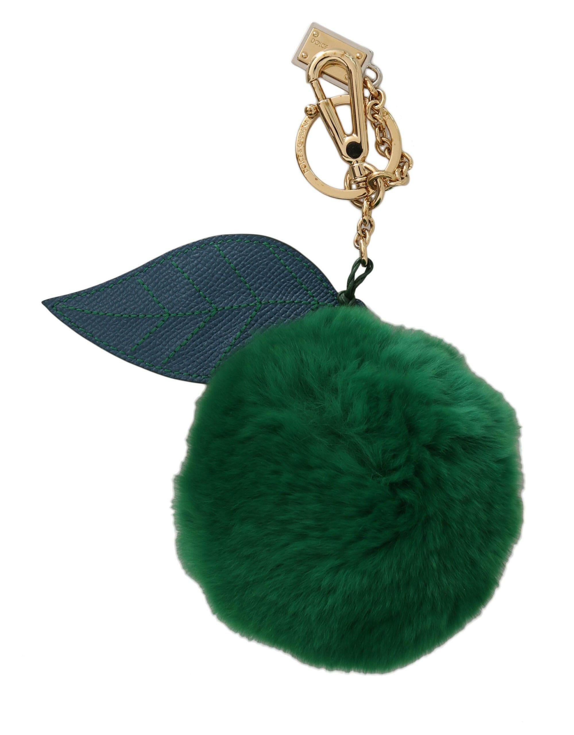 Dolce & Gabbana Green Leather Fur Gold Clasp Keyring Women Keychain.