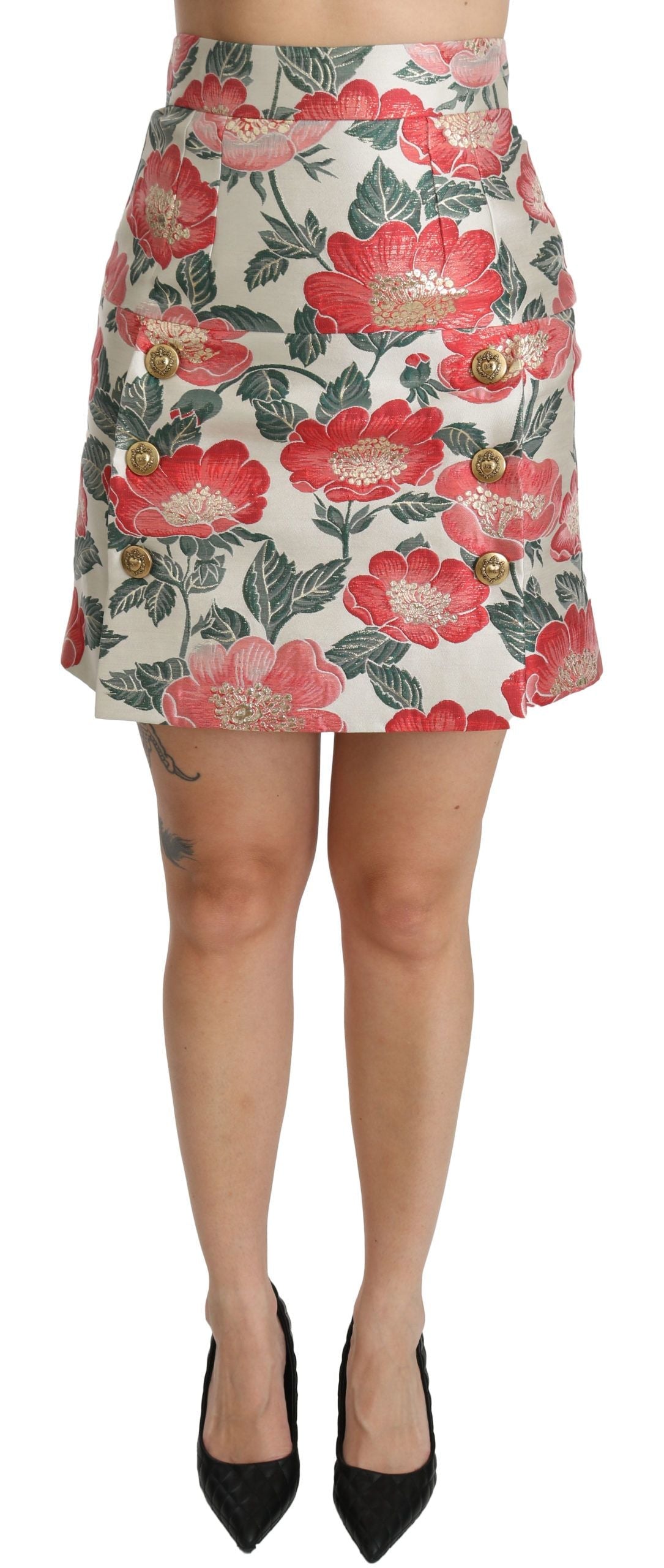 Dolce & Gabbana White Green Red Floral High Waist Mini Skirt Dolce & Gabbana