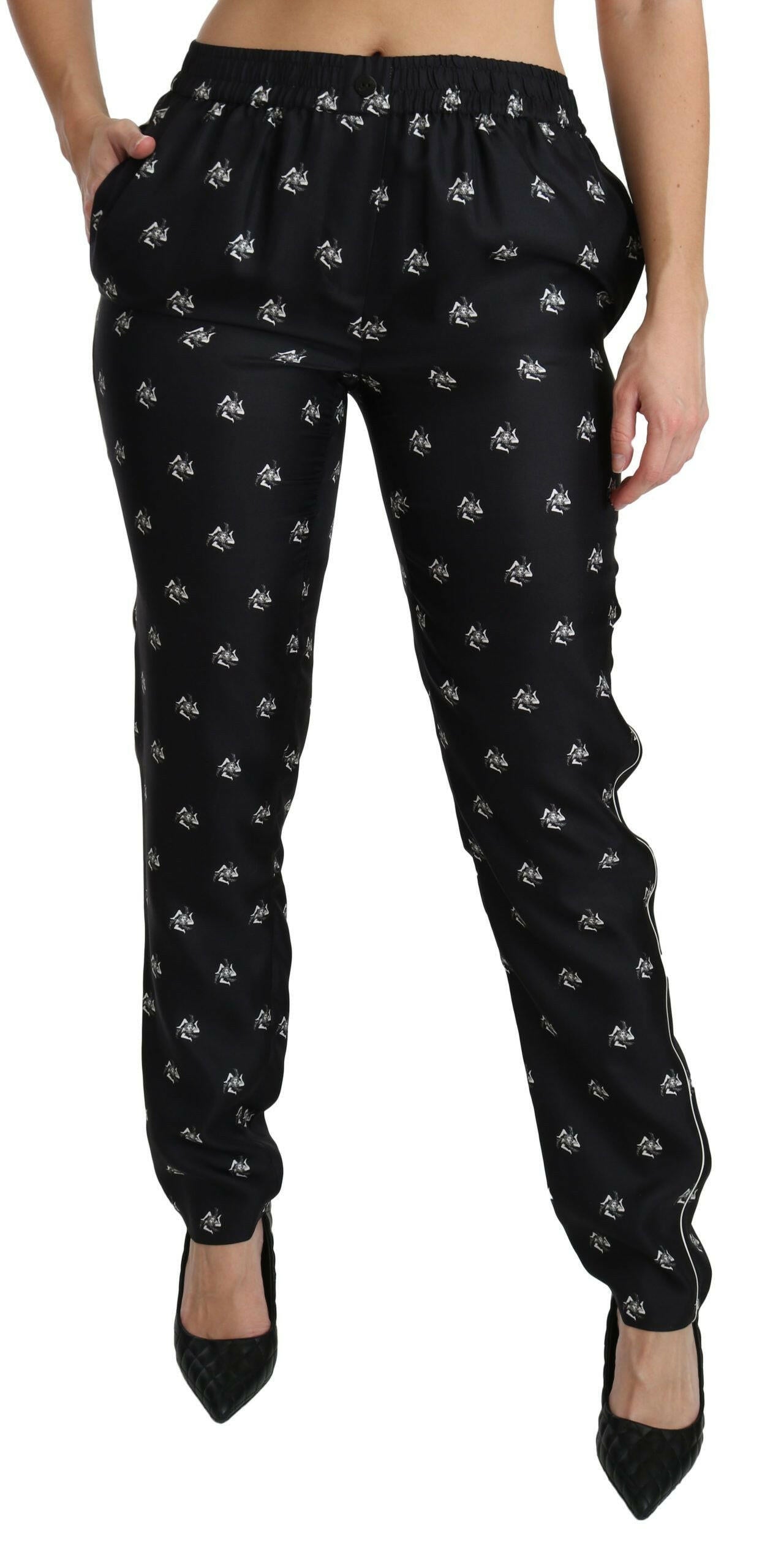Dolce & Gabbana Black Printed Mid Waist Skinny Silk Pants.