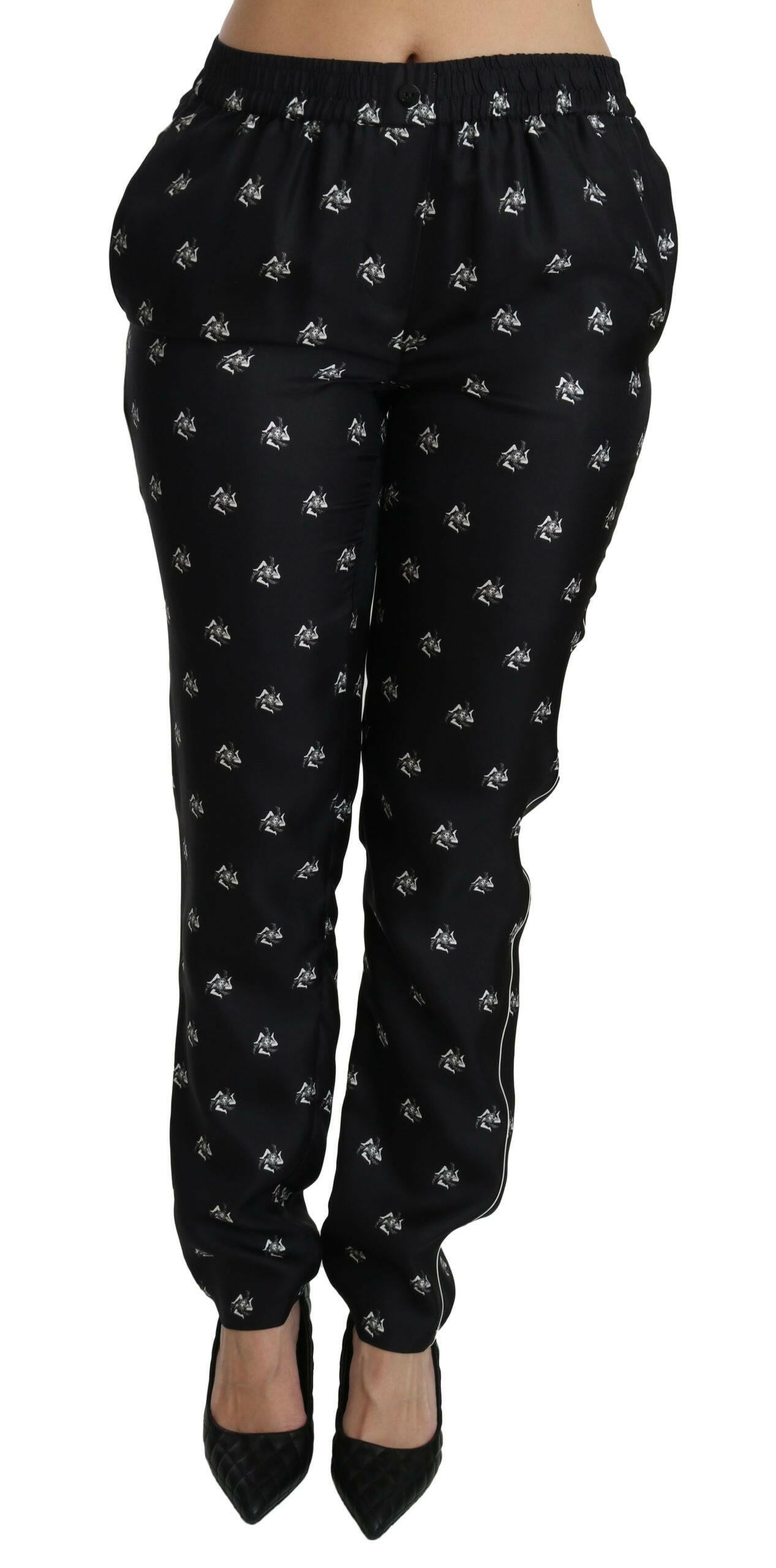 Dolce & Gabbana Black Printed Mid Waist Skinny Silk Pants.