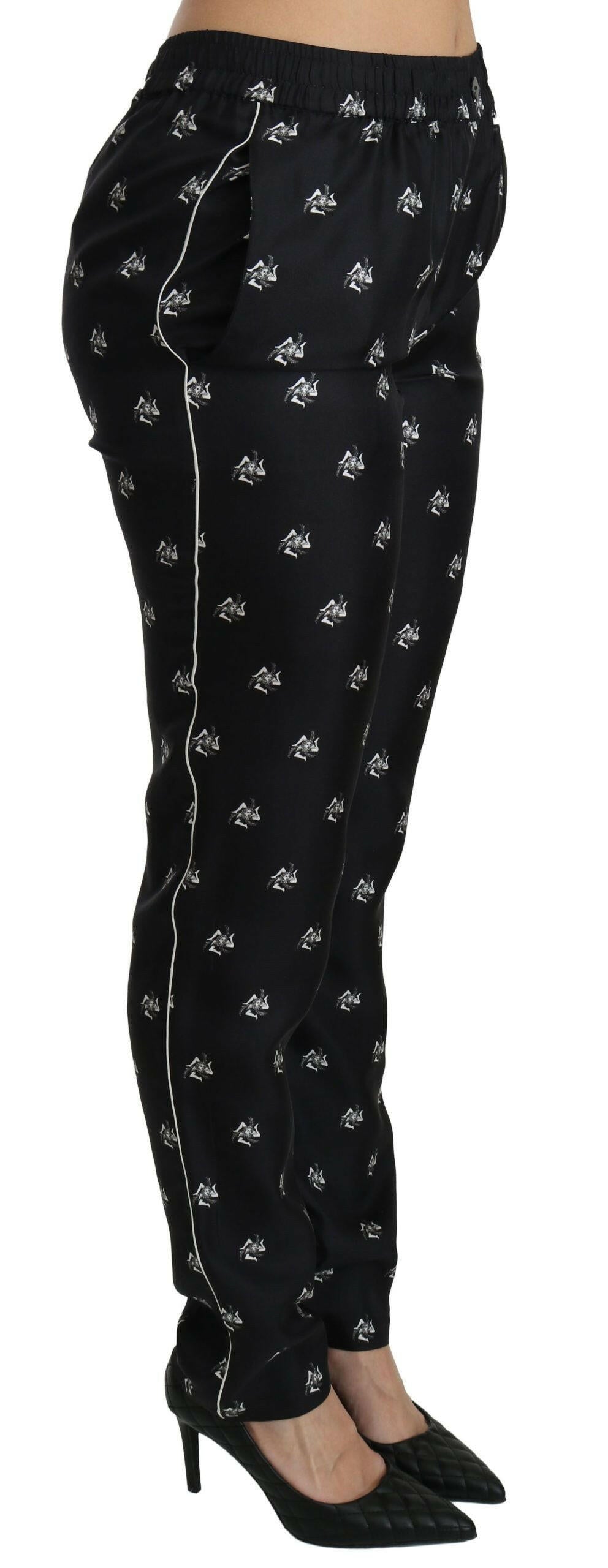 Dolce & Gabbana Black Printed Mid Waist Skinny Silk Pants.