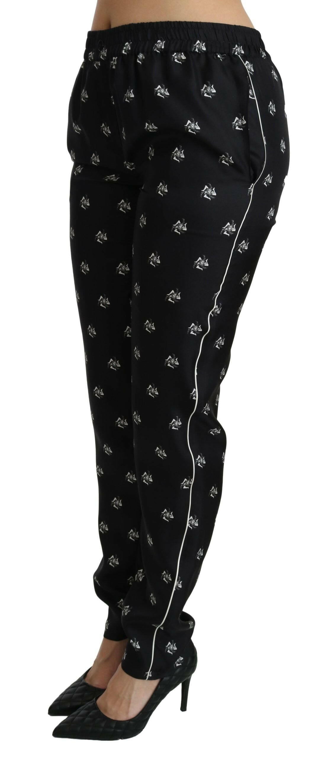 Dolce & Gabbana Black Printed Mid Waist Skinny Silk Pants.