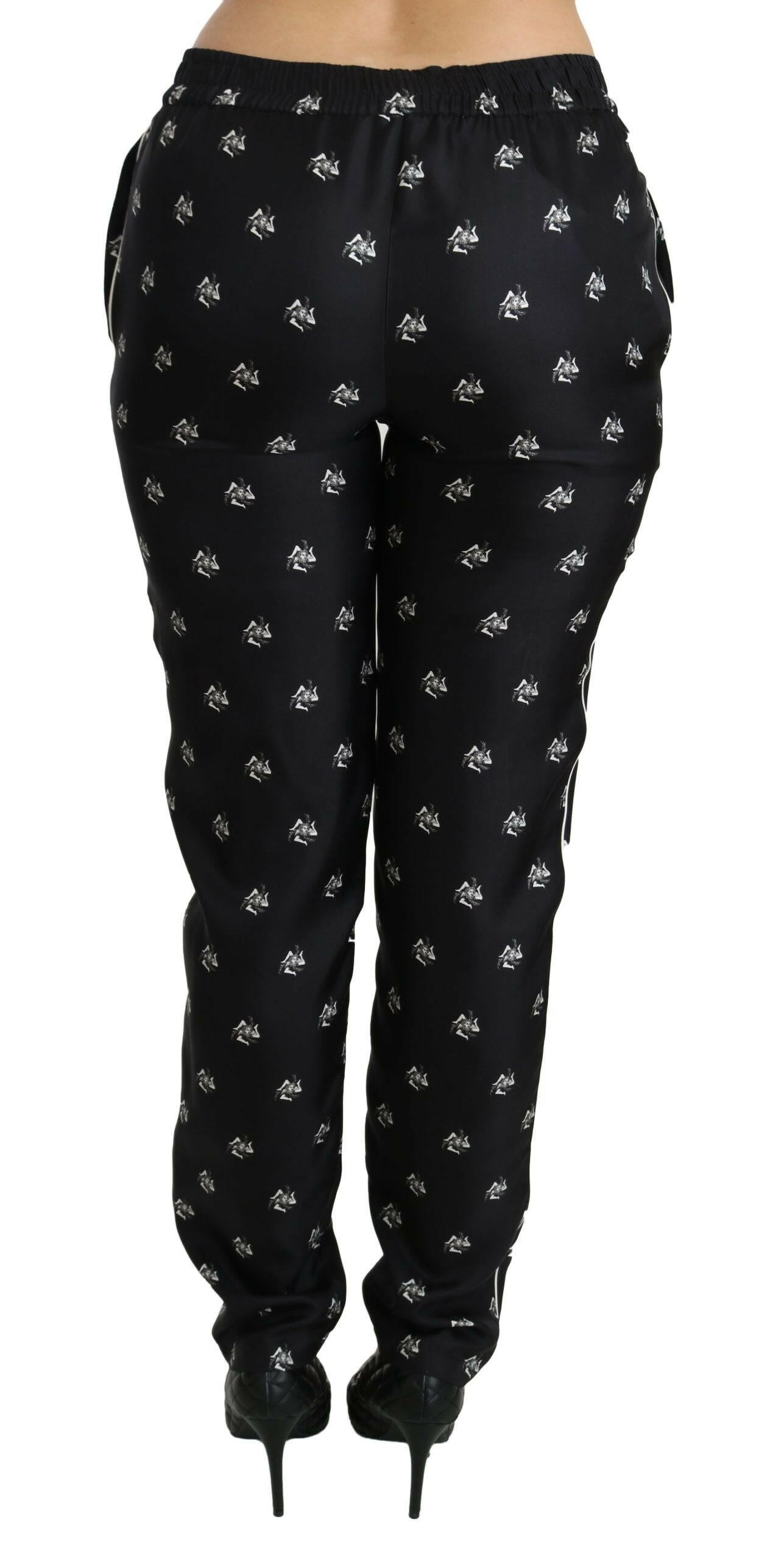 Dolce & Gabbana Black Printed Mid Waist Skinny Silk Pants.