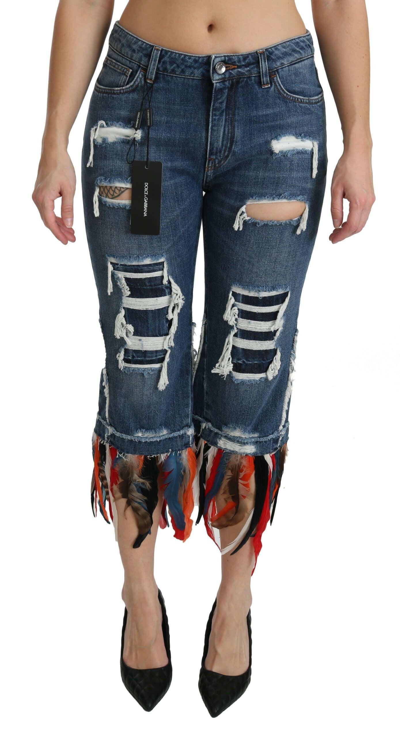 Dolce & Gabbana Blue Feathers Low Waist Cropped Cotton Jeans.