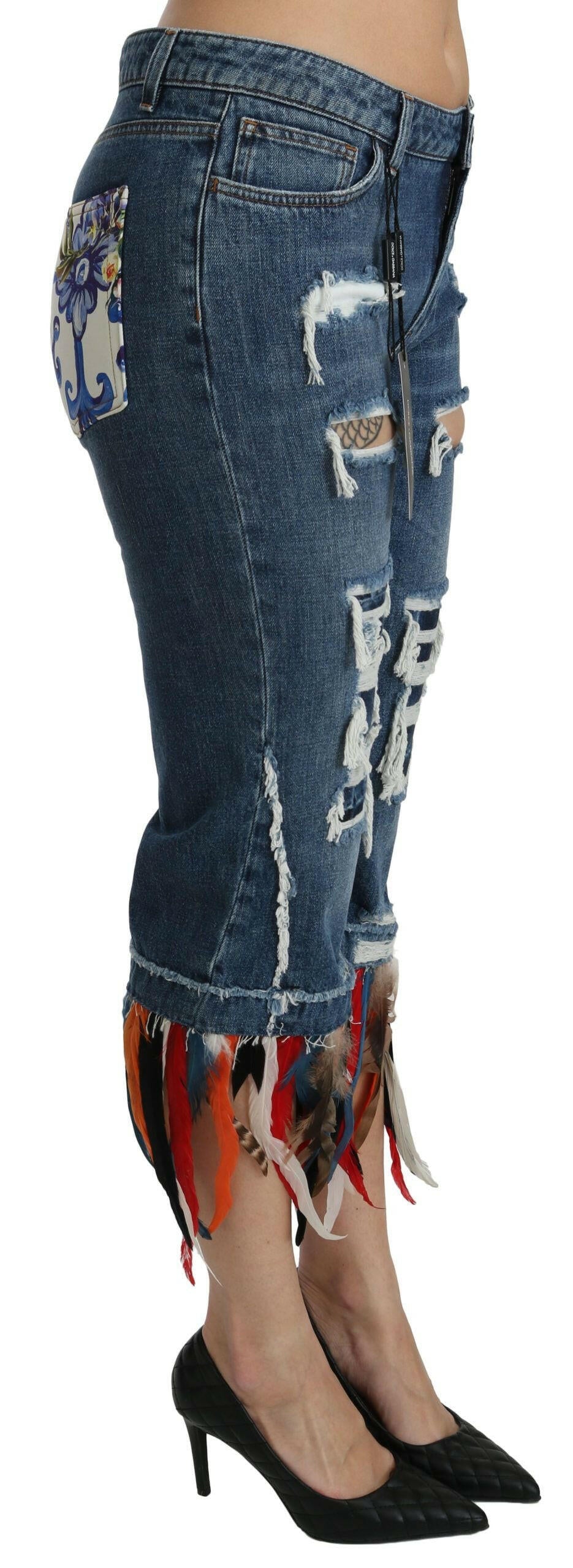 Dolce & Gabbana Blue Feathers Low Waist Cropped Cotton Jeans.