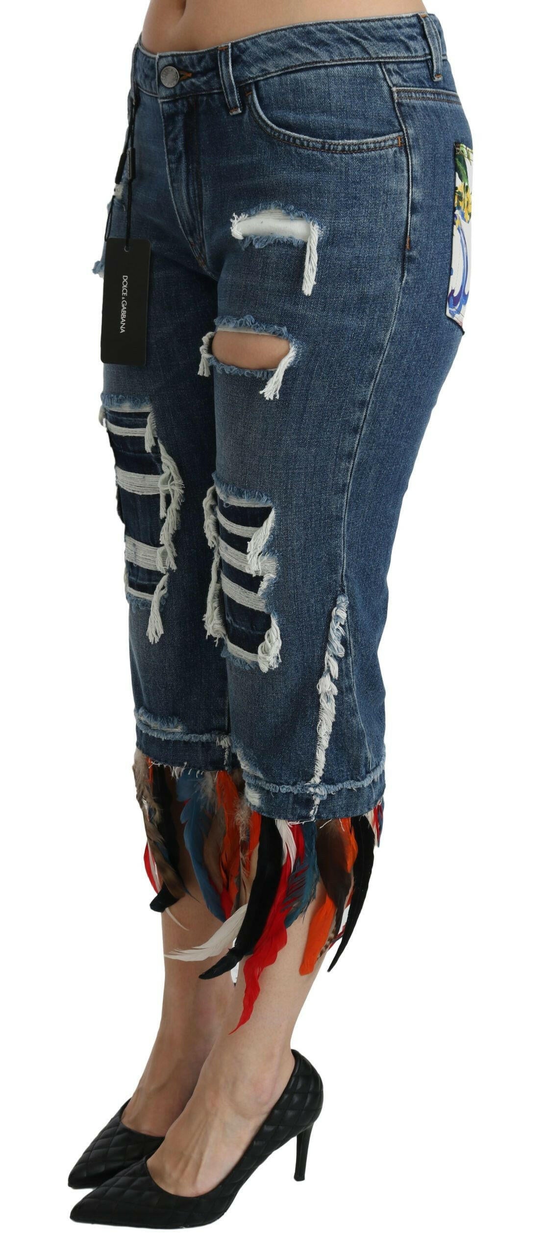 Dolce & Gabbana Blue Feathers Low Waist Cropped Cotton Jeans.