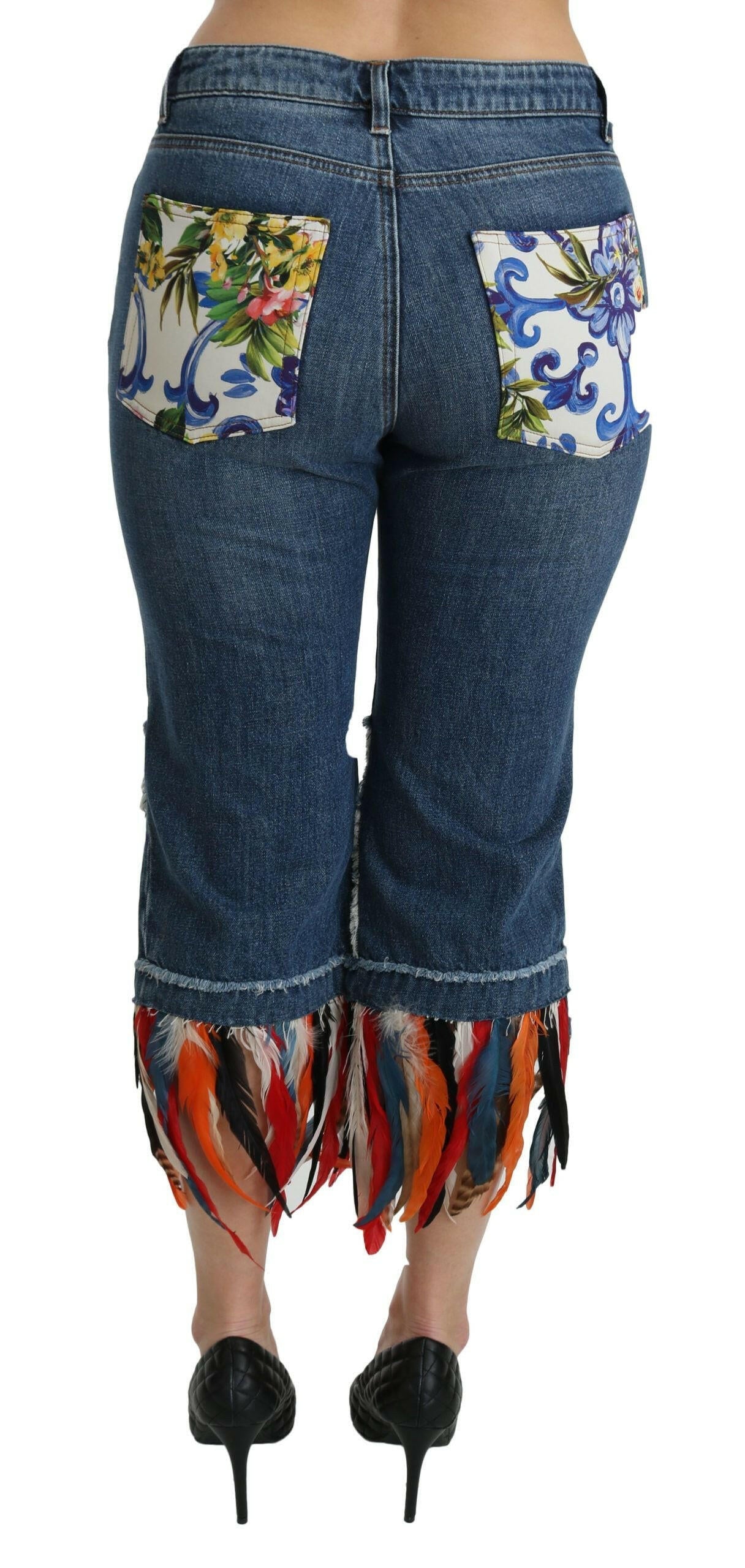 Dolce & Gabbana Blue Feathers Low Waist Cropped Cotton Jeans.