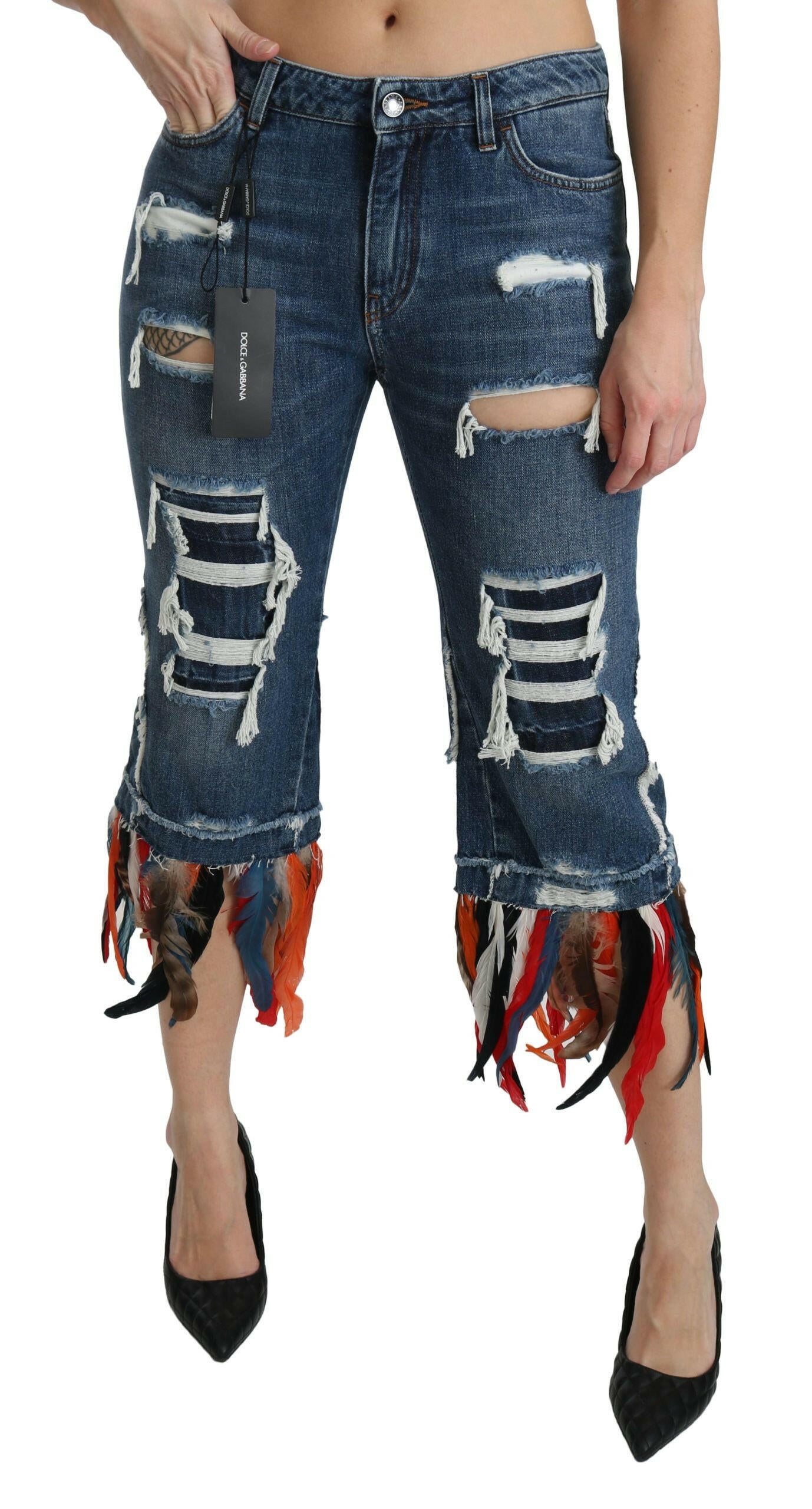 Dolce & Gabbana Blue Feathers Low Waist Cropped Cotton Jeans.