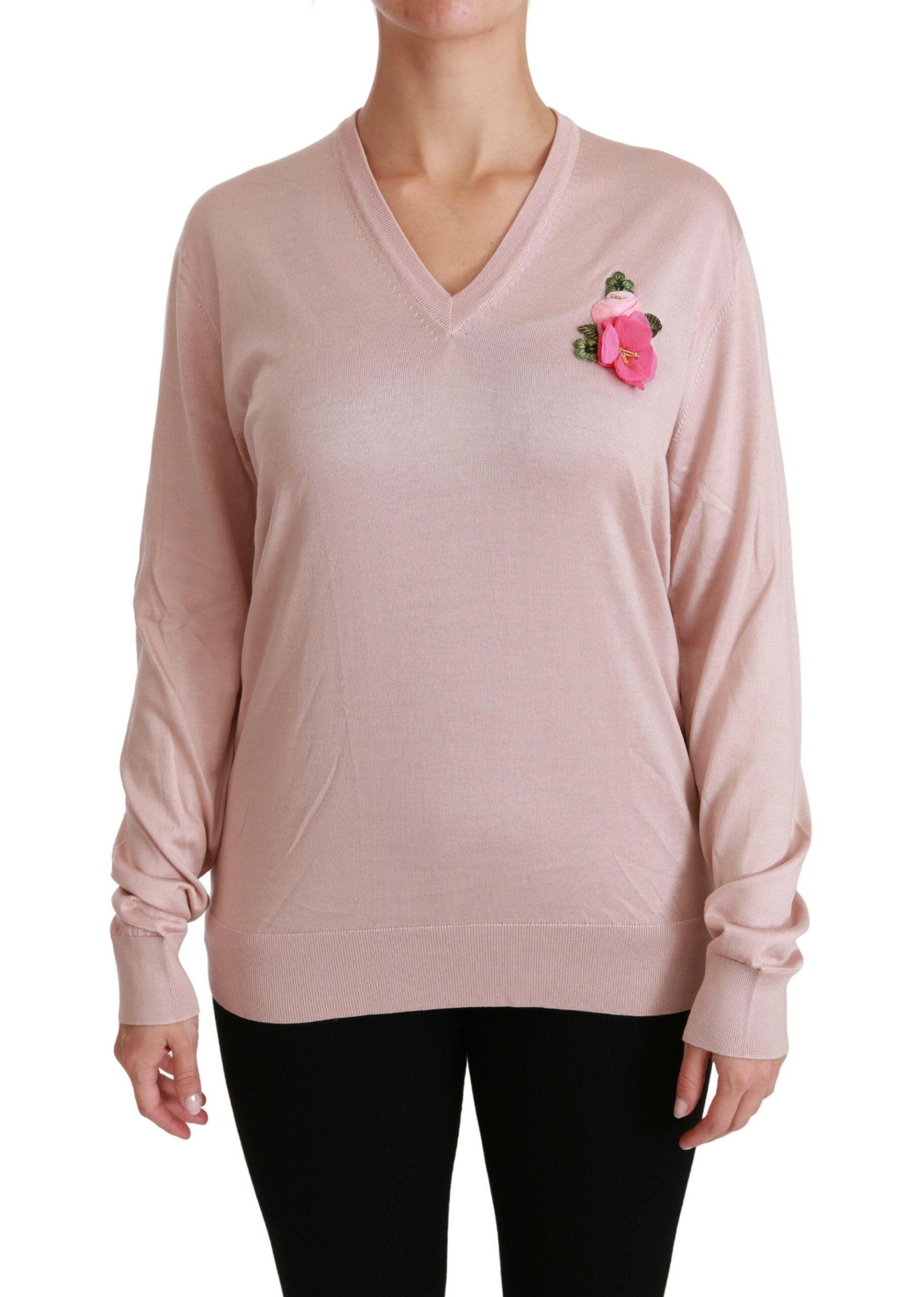 Dolce & Gabbana Pink Floral Embellished Pullover Silk Sweater.