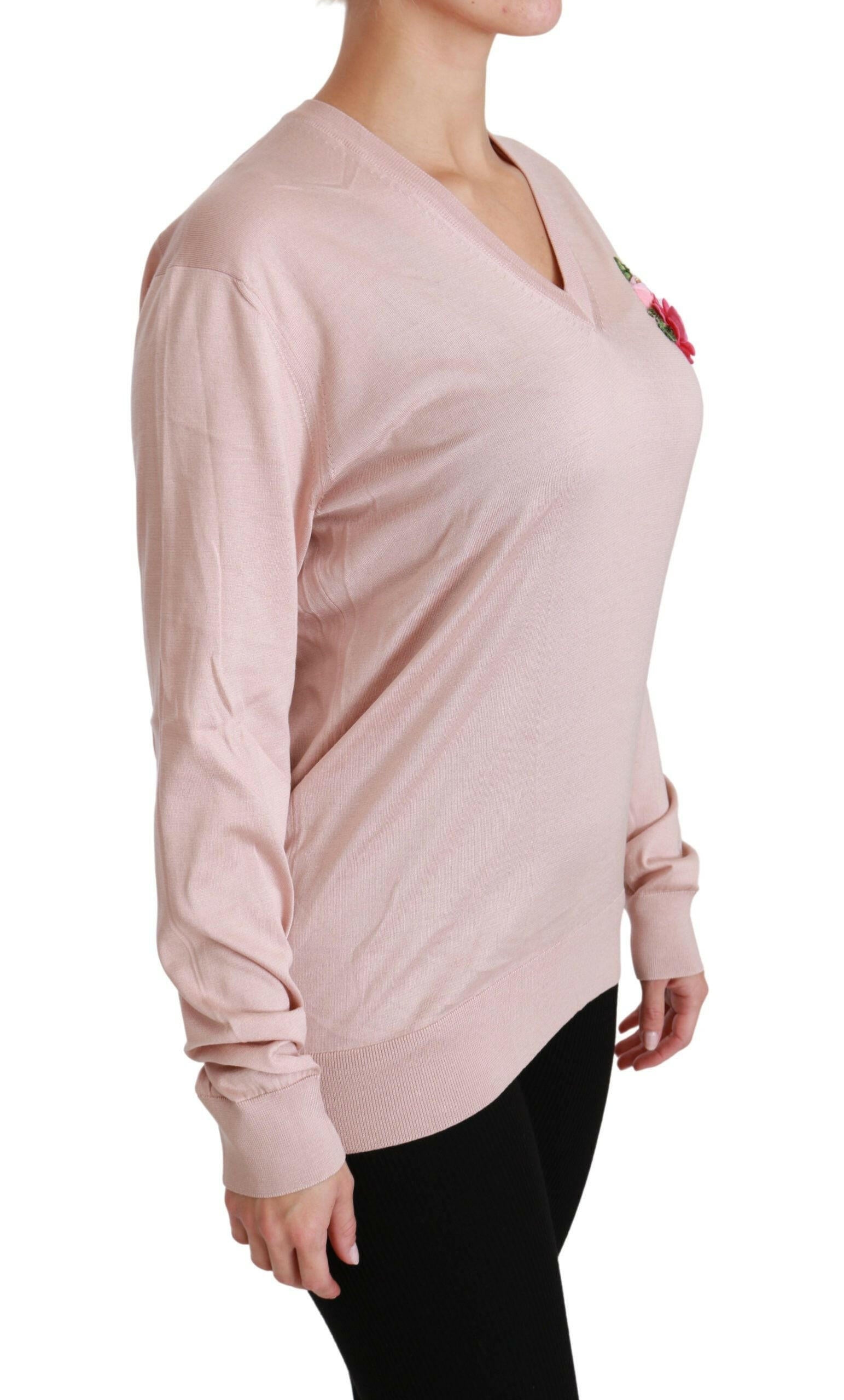 Dolce & Gabbana Pink Floral Embellished Pullover Silk Sweater.