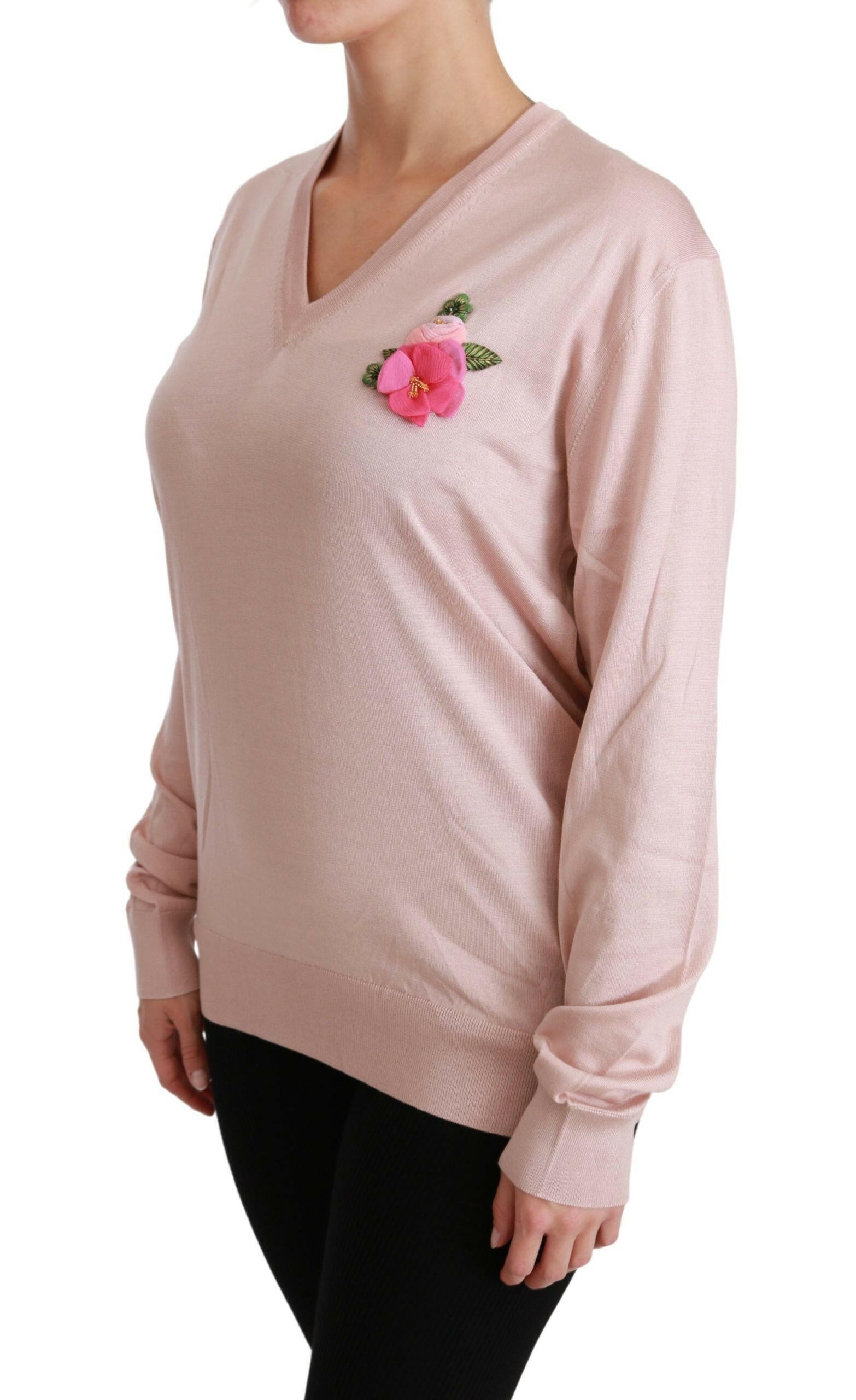 Dolce & Gabbana Pink Floral Embellished Pullover Silk Sweater.