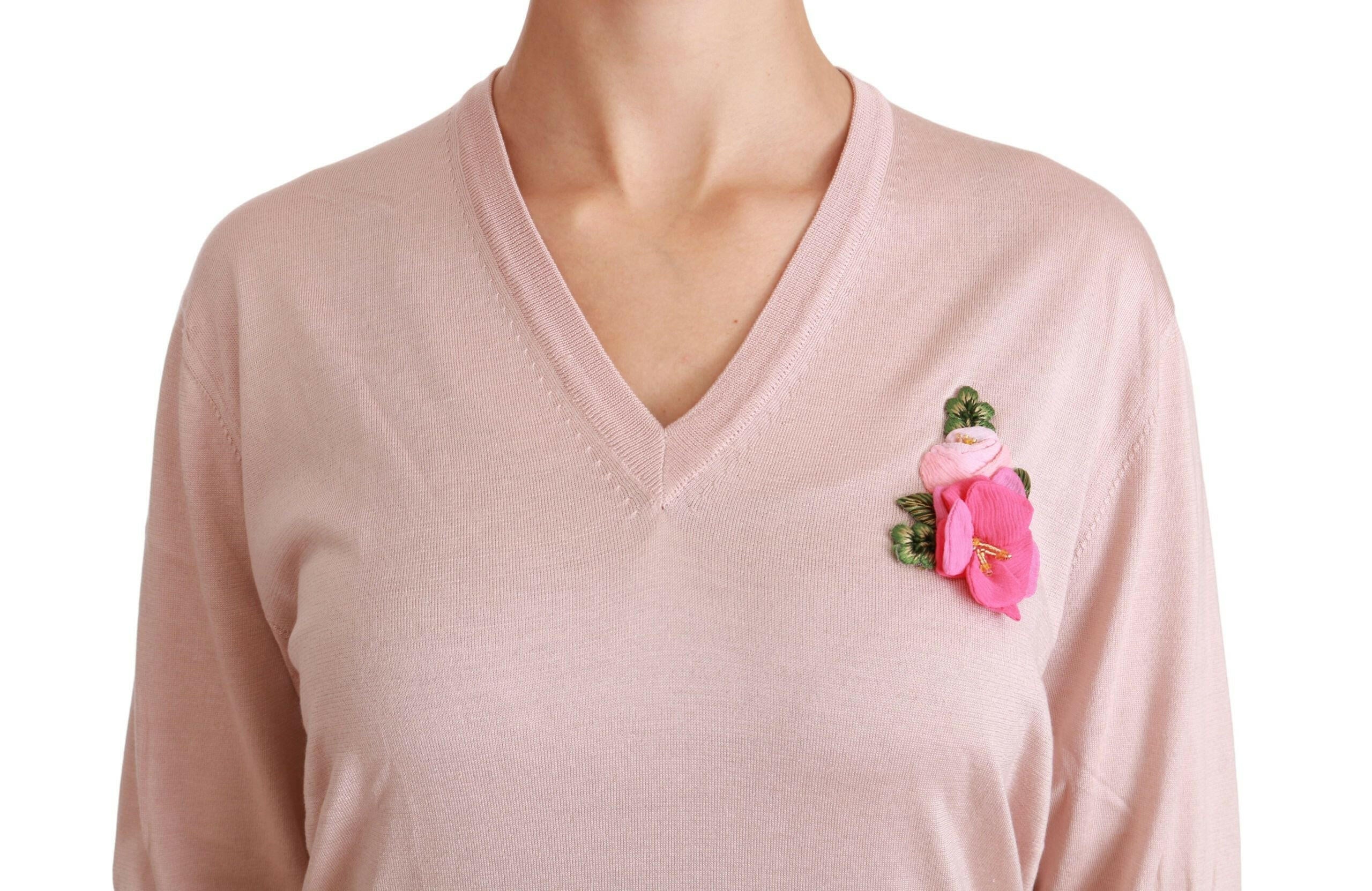 Dolce & Gabbana Pink Floral Embellished Pullover Silk Sweater.