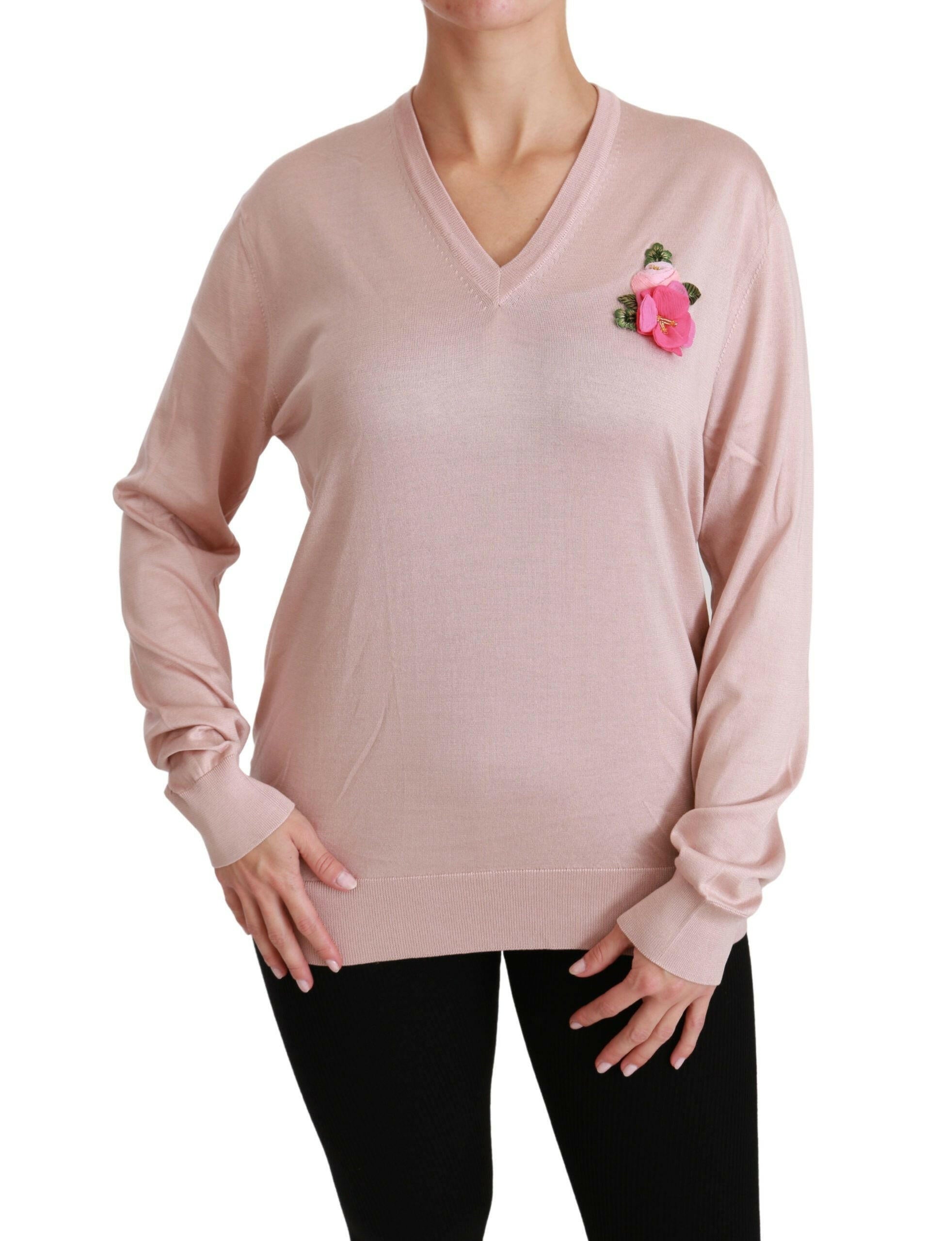 Dolce & Gabbana Pink Floral Embellished Pullover Silk Sweater.