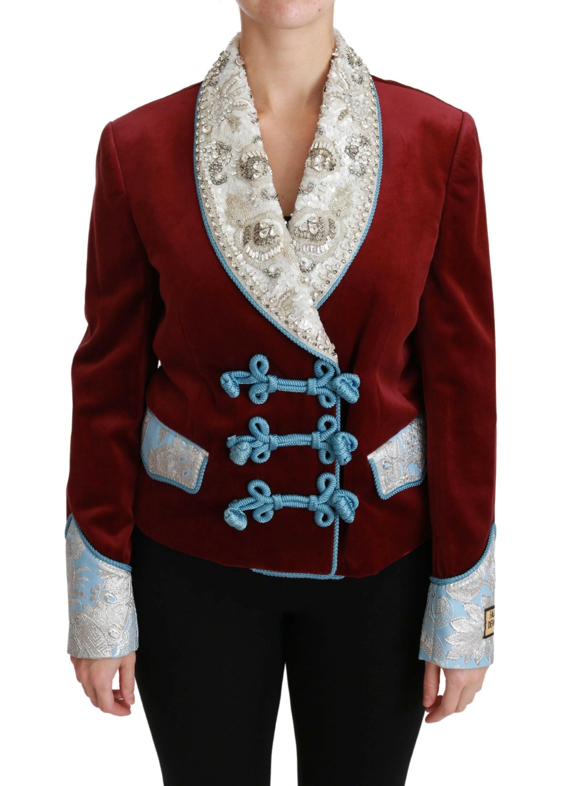 Dolce & Gabbana Red Velvet Baroque Crystal Blazer Jacket.