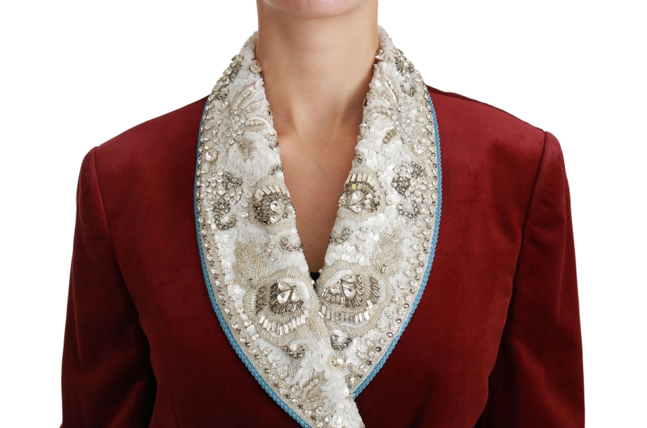 Dolce & Gabbana Red Velvet Baroque Crystal Blazer Jacket.