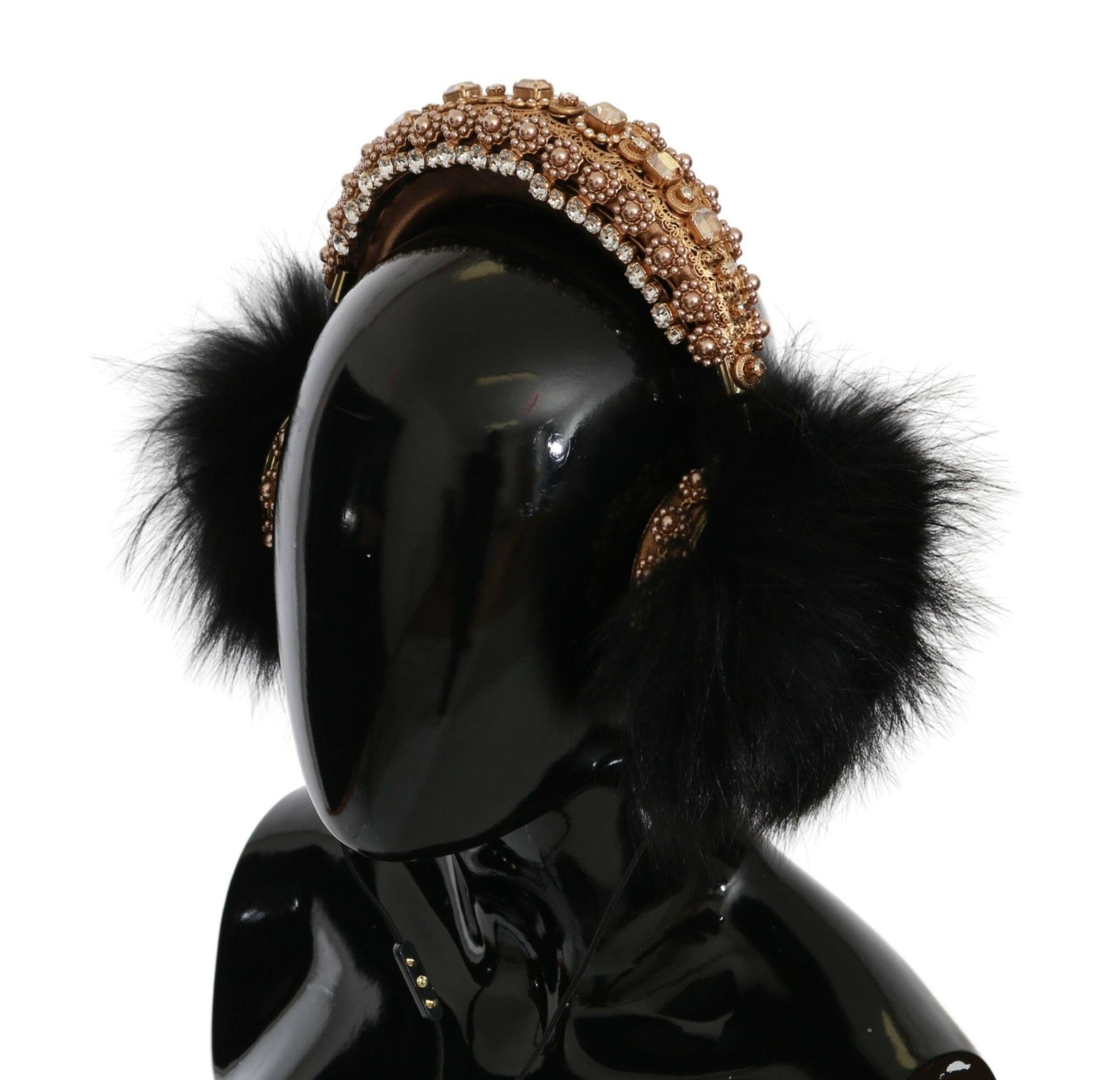 Dolce & Gabbana Gold Black Crystal Fur Headset Audio Headphones.