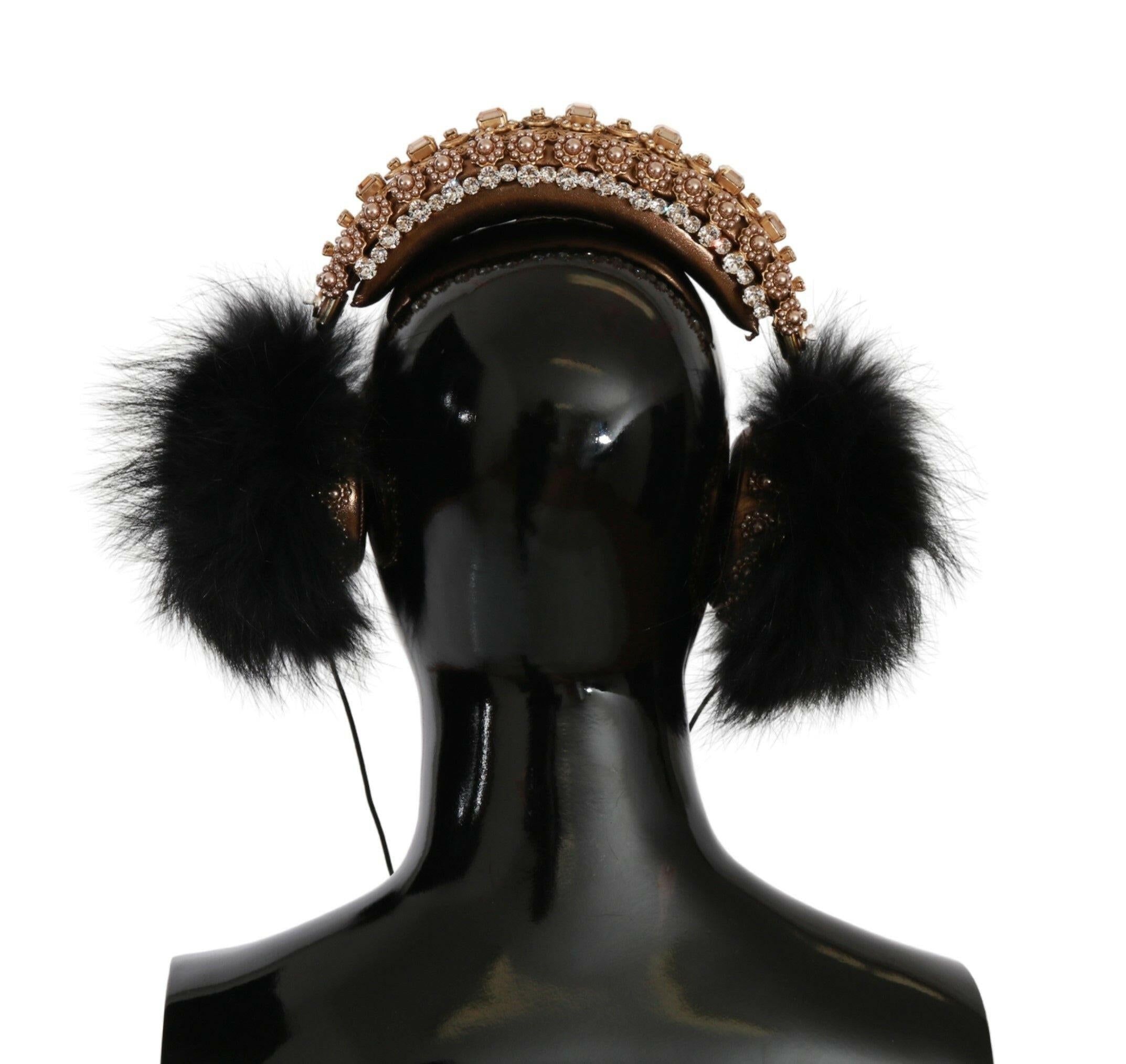 Dolce & Gabbana Gold Black Crystal Fur Headset Audio Headphones.