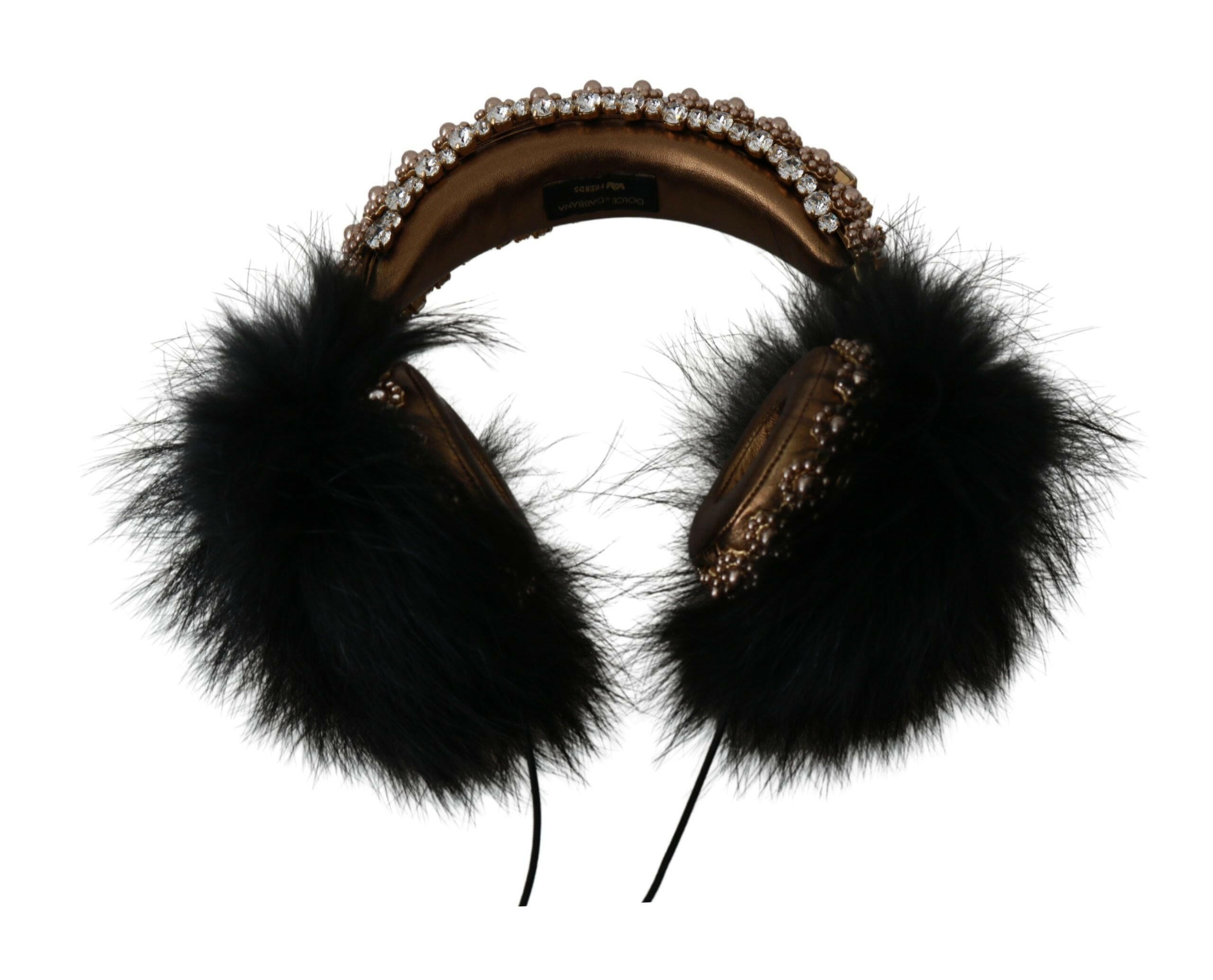 Dolce & Gabbana Gold Black Crystal Fur Headset Audio Headphones.