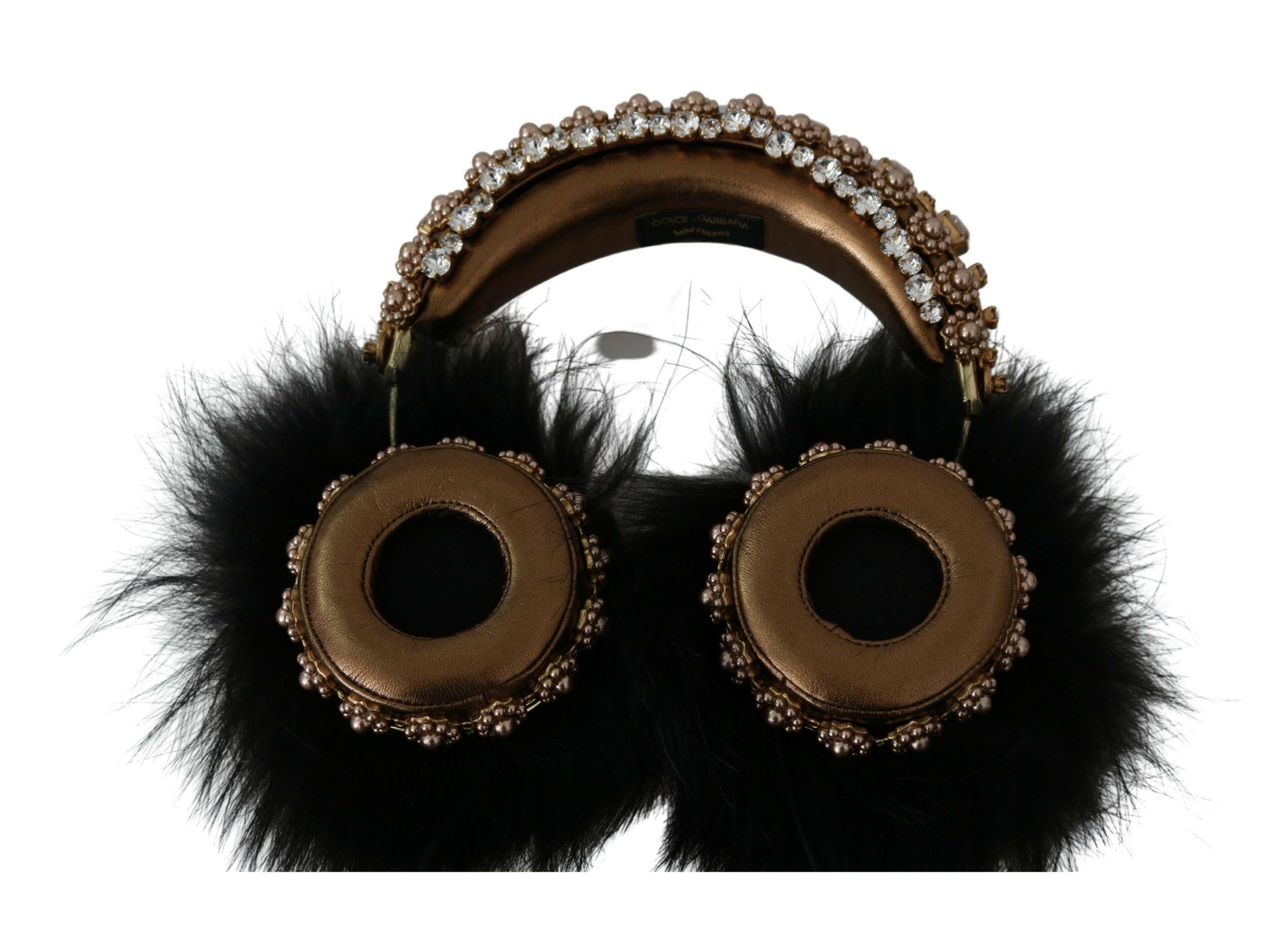 Dolce & Gabbana Gold Black Crystal Fur Headset Audio Headphones.