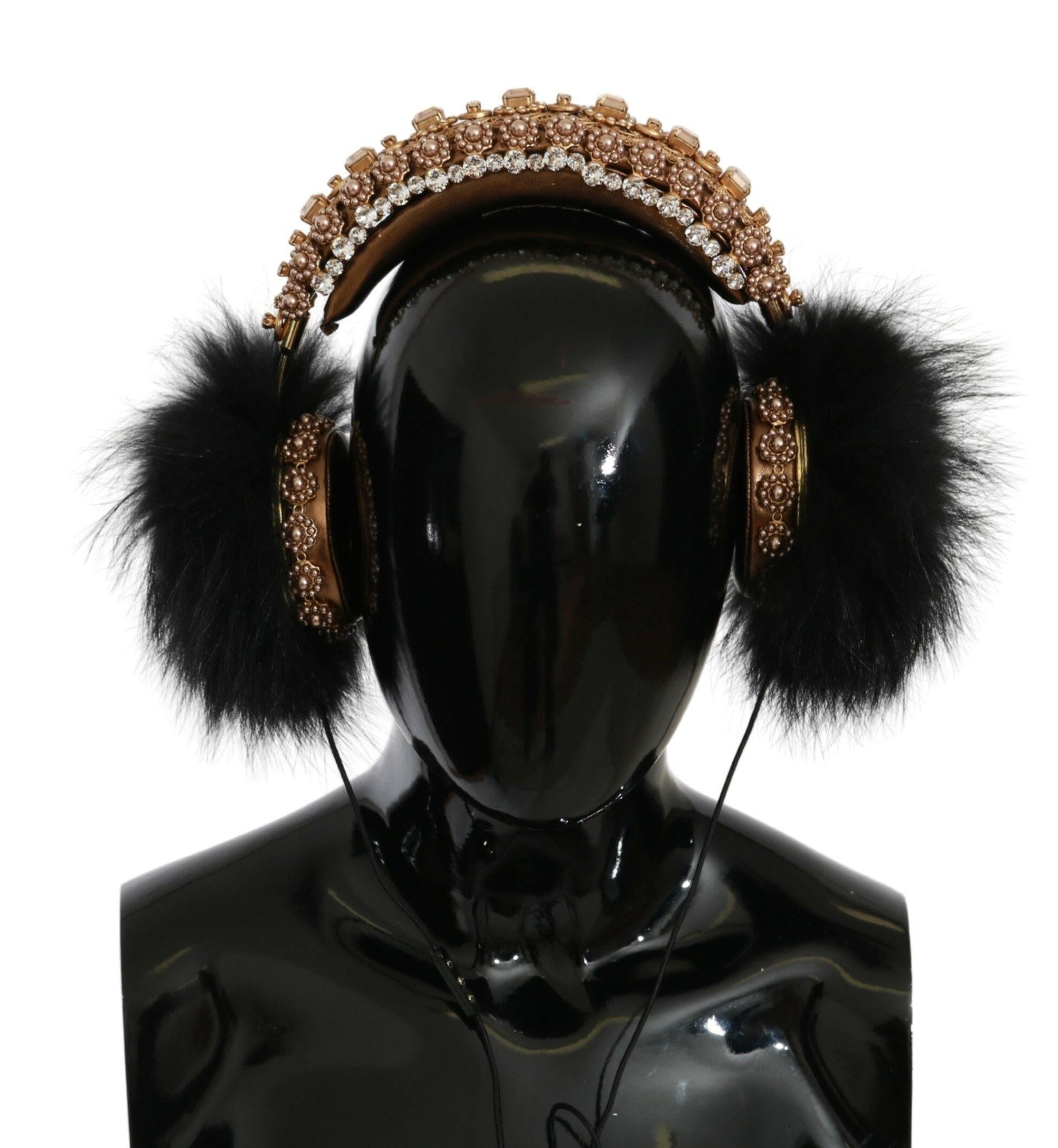 Dolce & Gabbana Gold Black Crystal Fur Headset Audio Headphones.