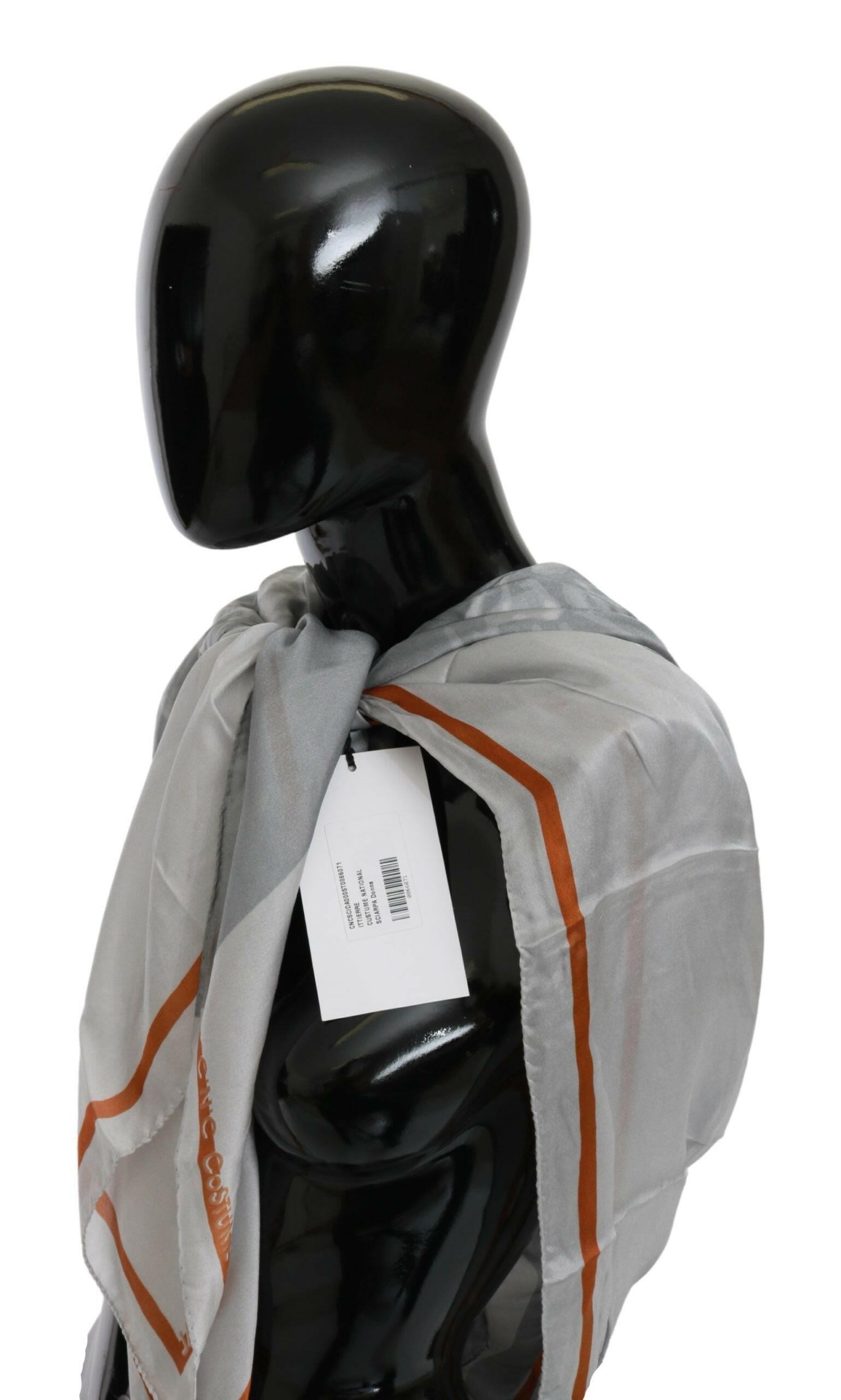 Costume National Gray Orange Silk Floral Foulard Wrap Scarf.