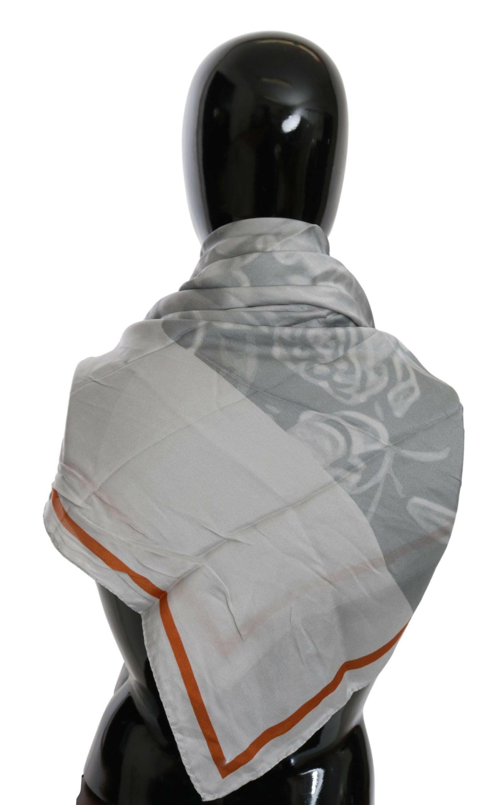 Costume National Gray Orange Silk Floral Foulard Wrap Scarf.