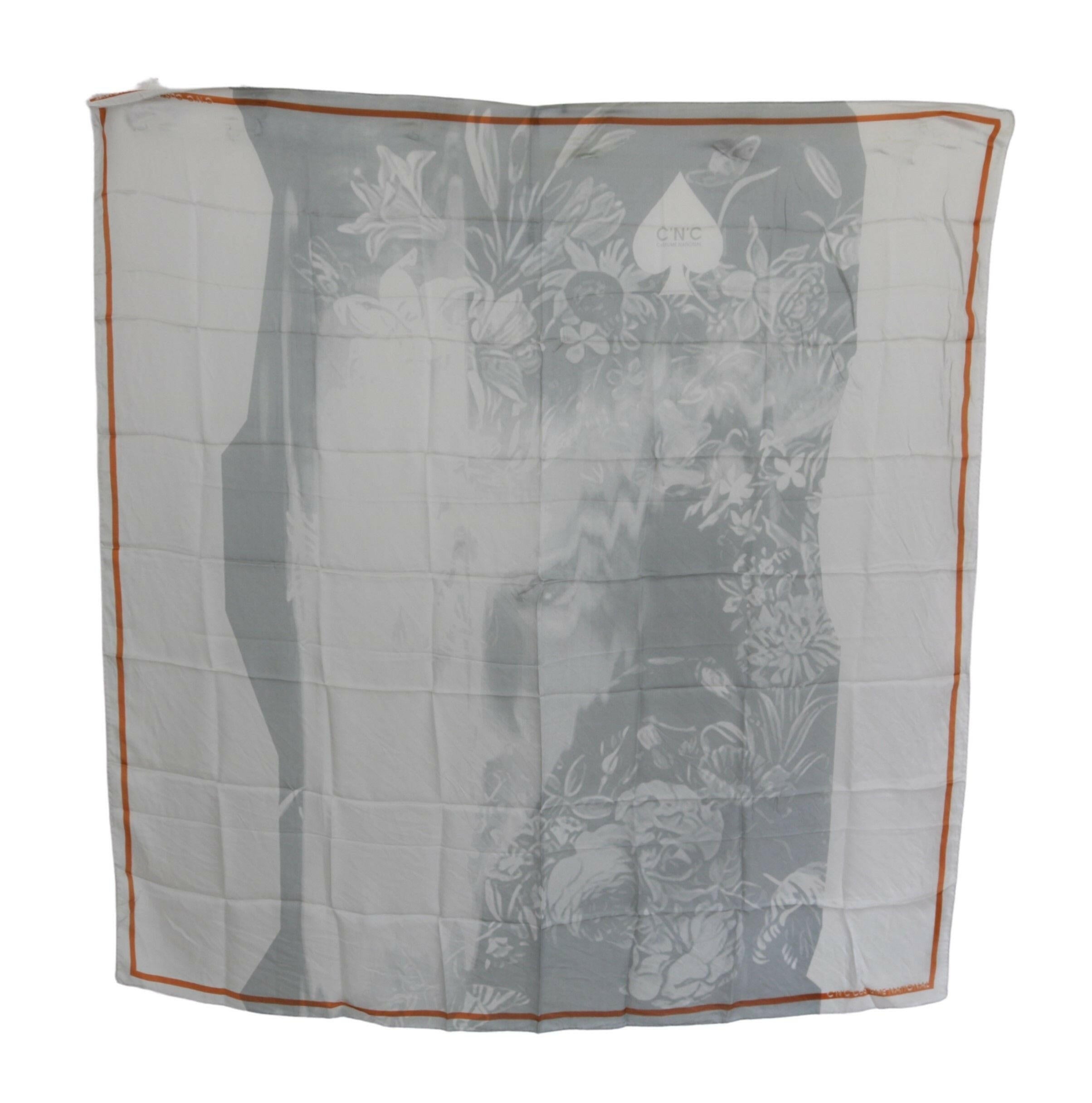Costume National Gray Orange Silk Floral Foulard Wrap Scarf.
