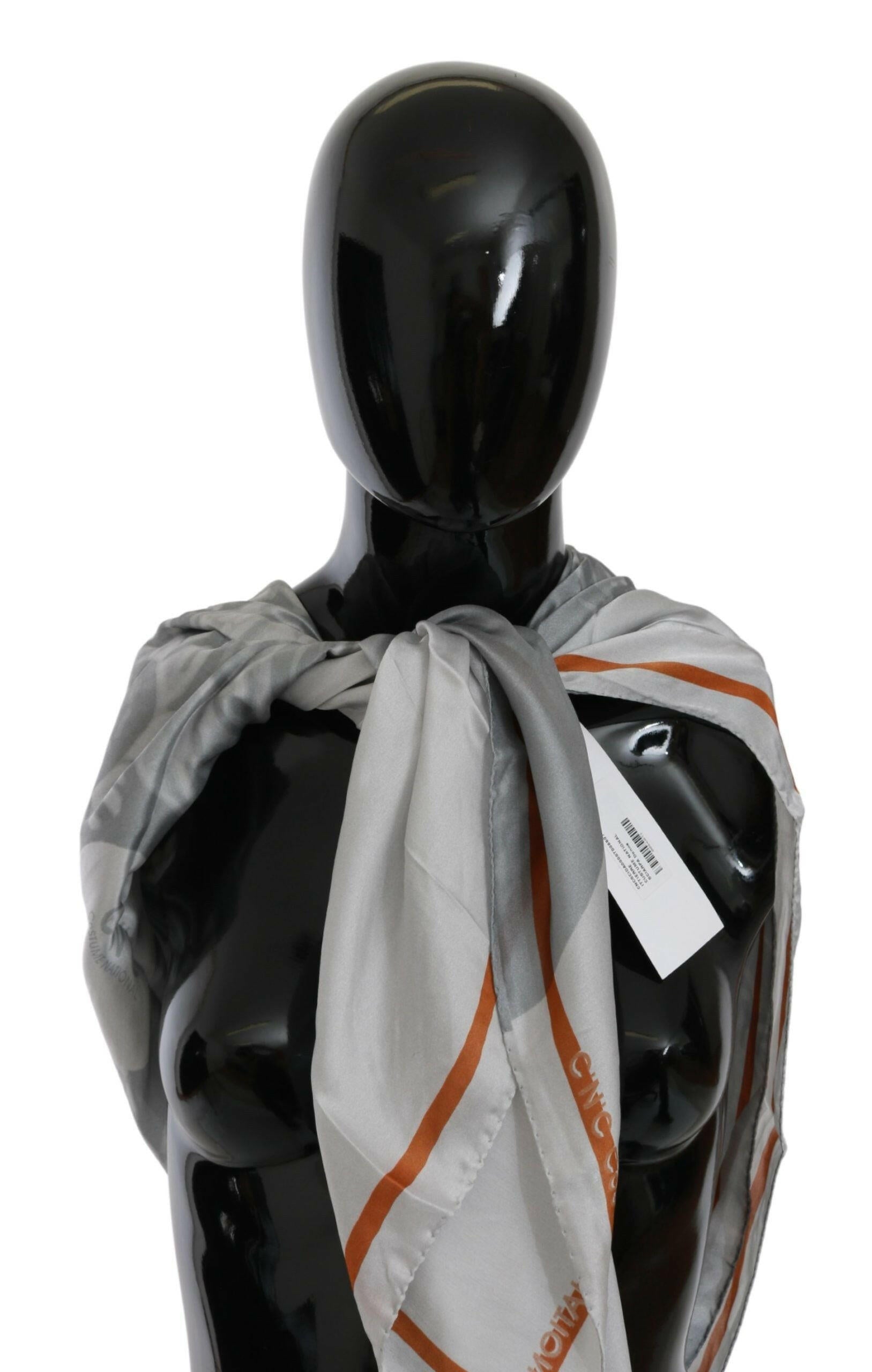 Costume National Gray Orange Silk Floral Foulard Wrap Scarf.