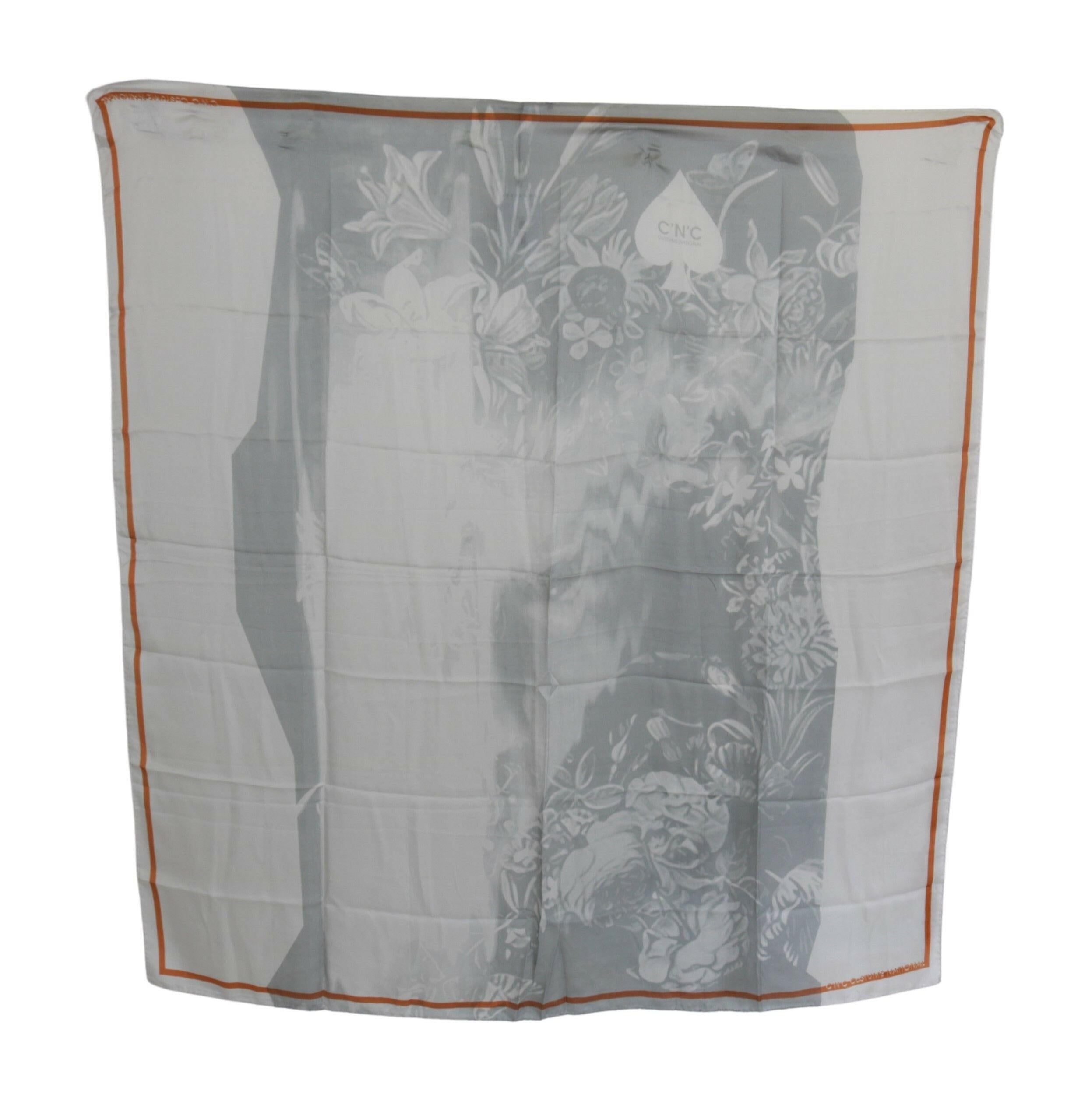 Costume National Gray Red Silk Shawl Foulard Wrap Scarf.