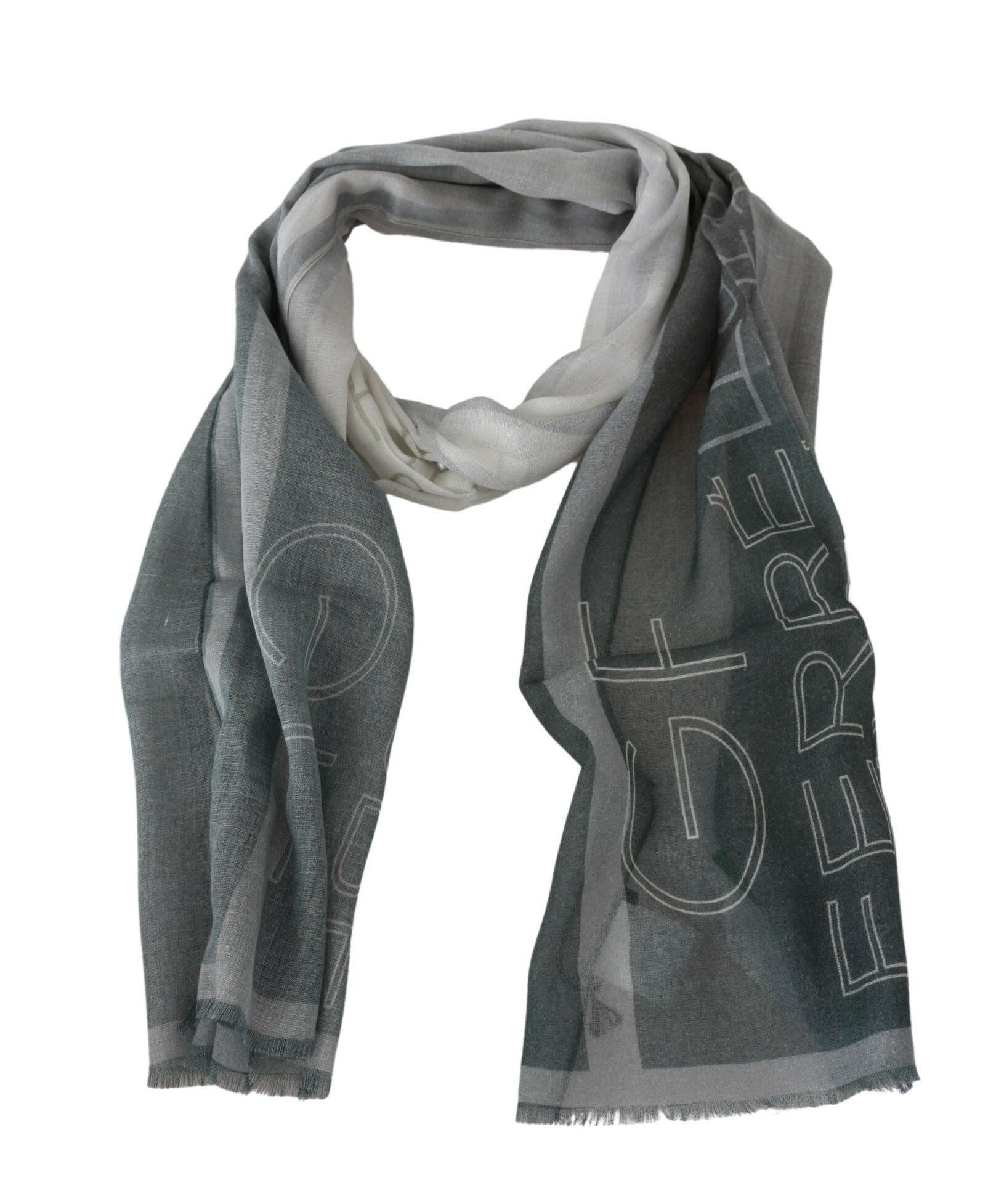 GF Ferre Gray Wool Viscose Foulard Patterned Branded Scarf.