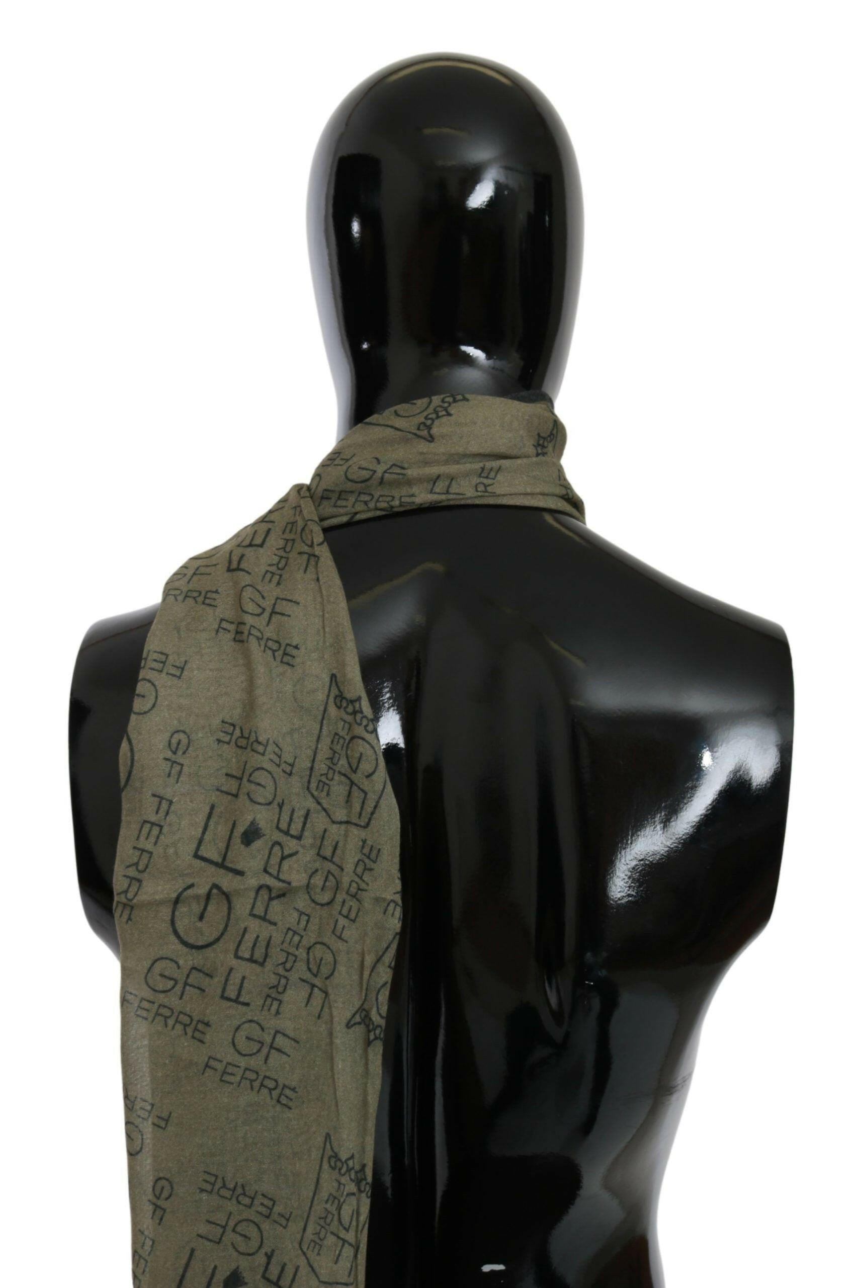 GF Ferre Green Wool Viscose Foulard Patterned Branded Scarf.
