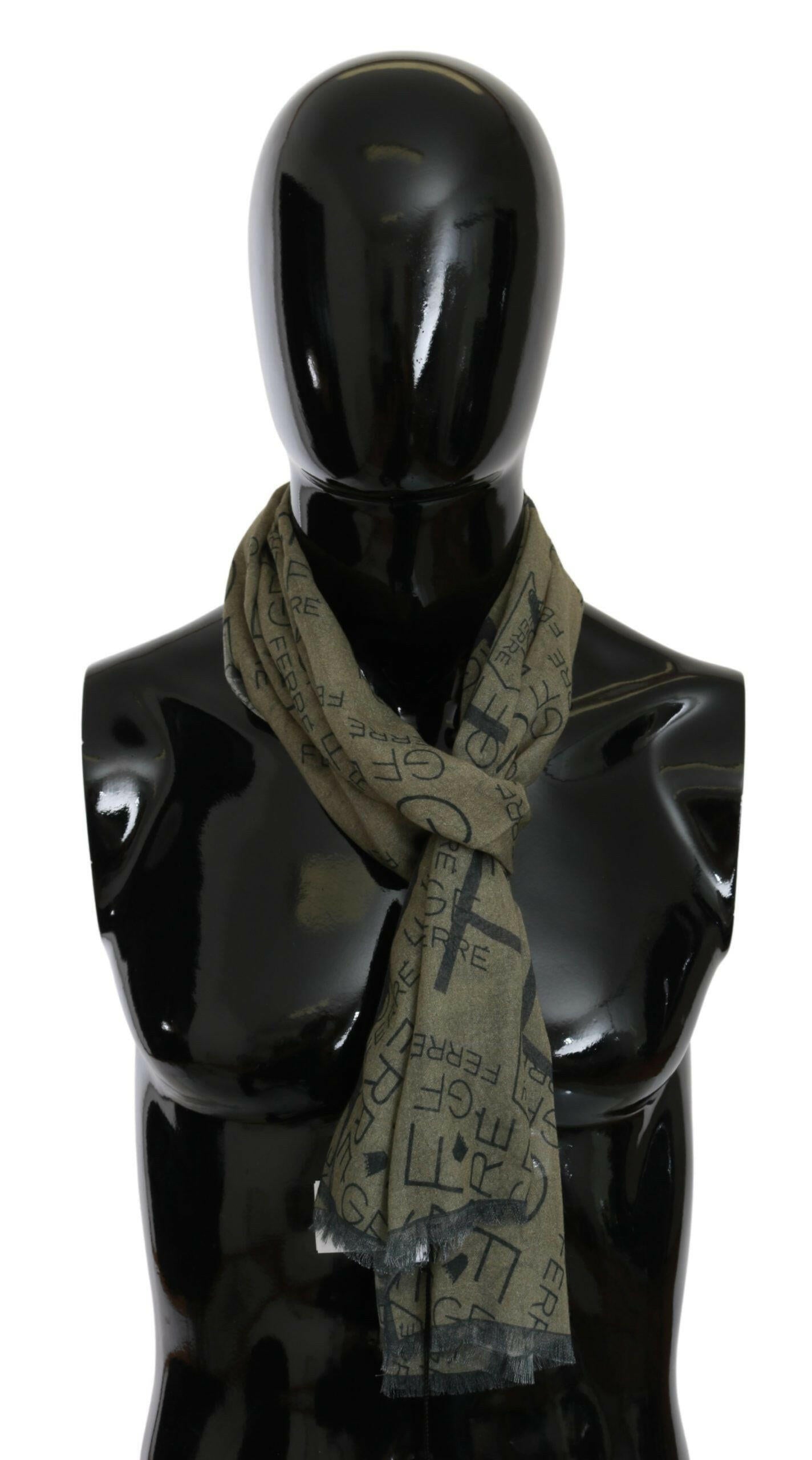 GF Ferre Green Wool Viscose Foulard Patterned Branded Scarf.