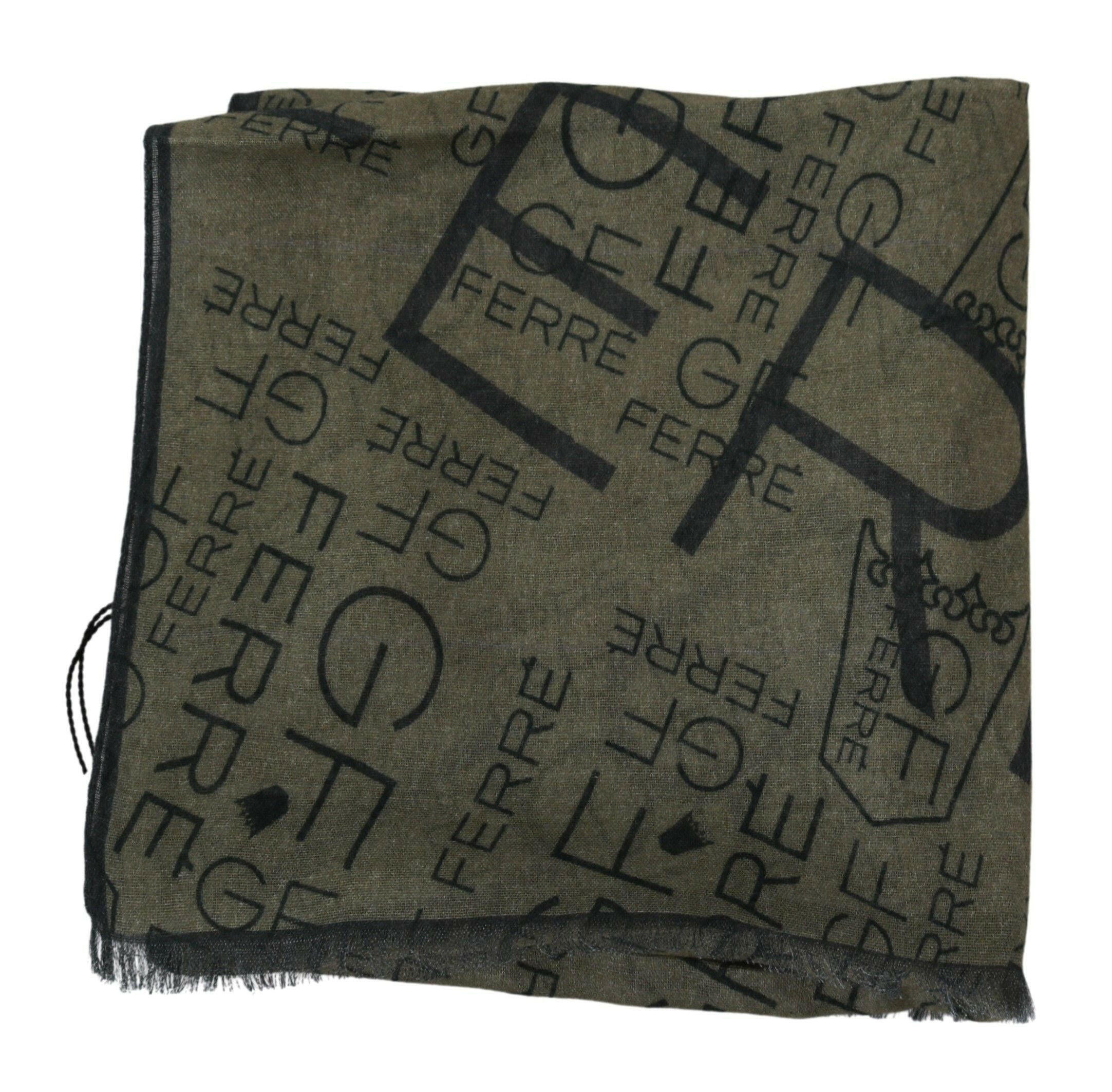 GF Ferre Green Wool Viscose Foulard Patterned Branded Scarf.