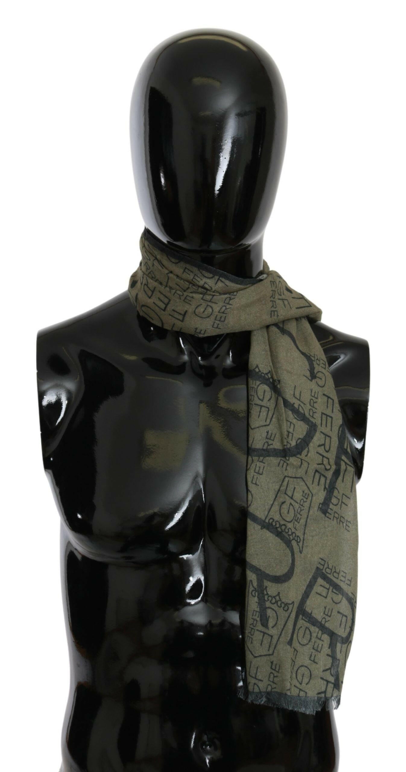 GF Ferre Green Wool Viscose Foulard Patterned Branded Scarf.