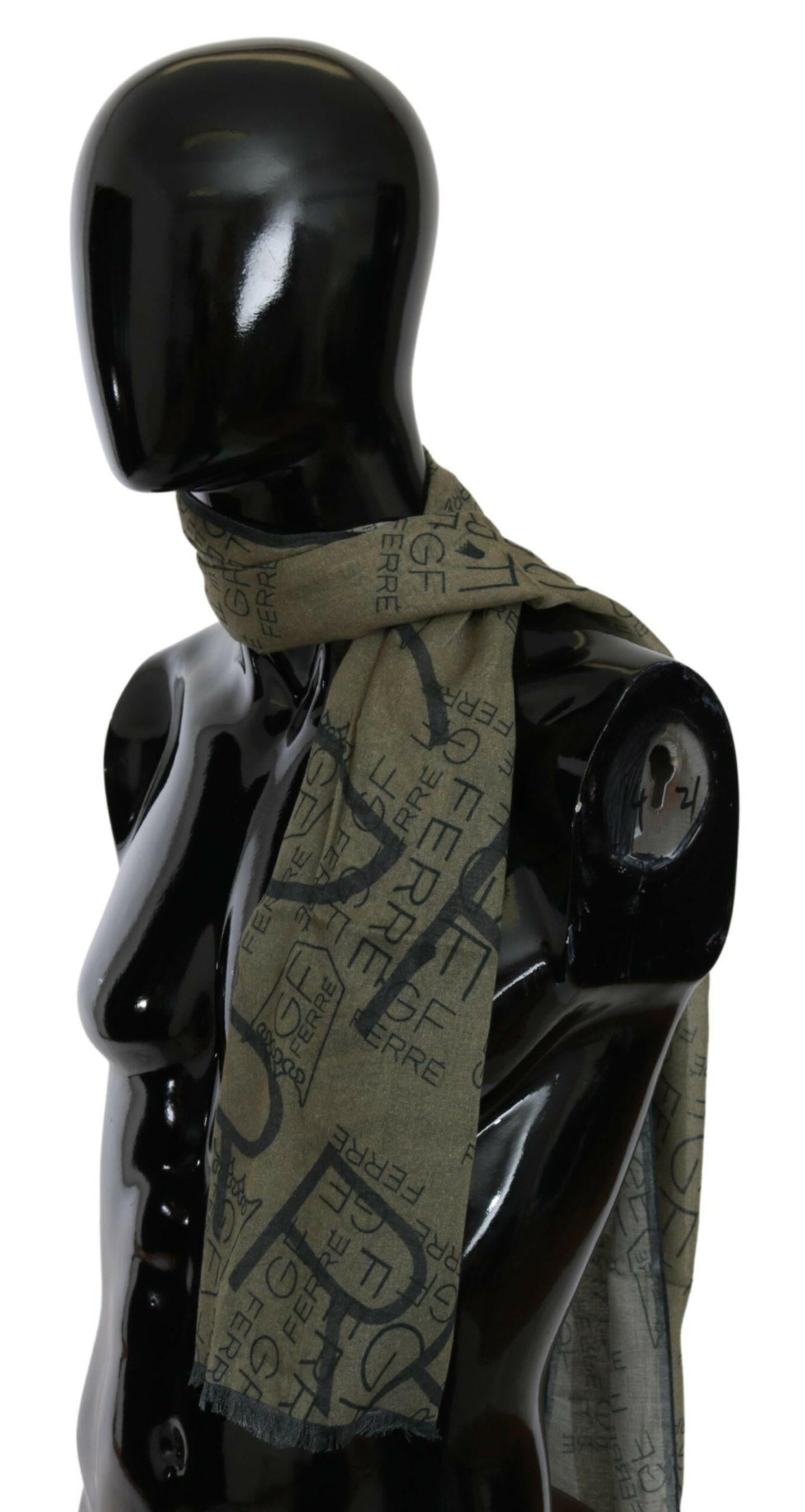 GF Ferre Green Wool Viscose Foulard Patterned Branded Scarf.