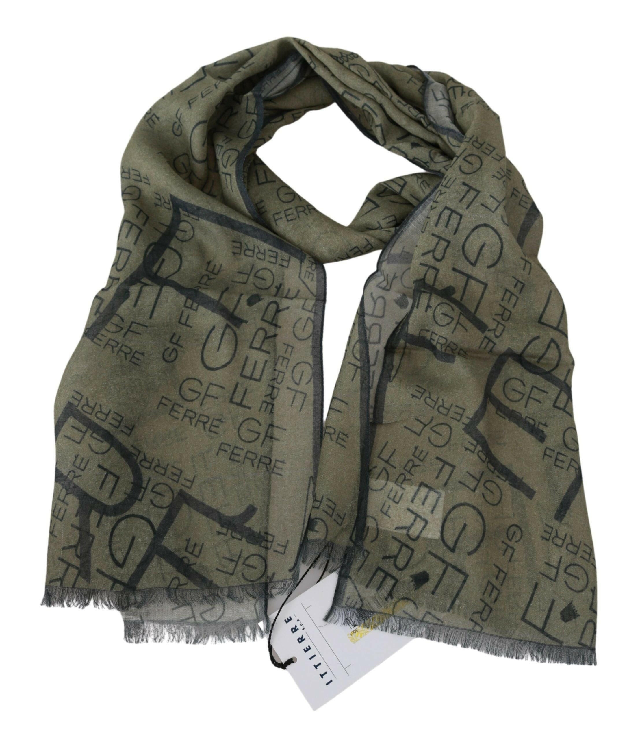 GF Ferre Green Wool Viscose Foulard Patterned Branded Scarf.