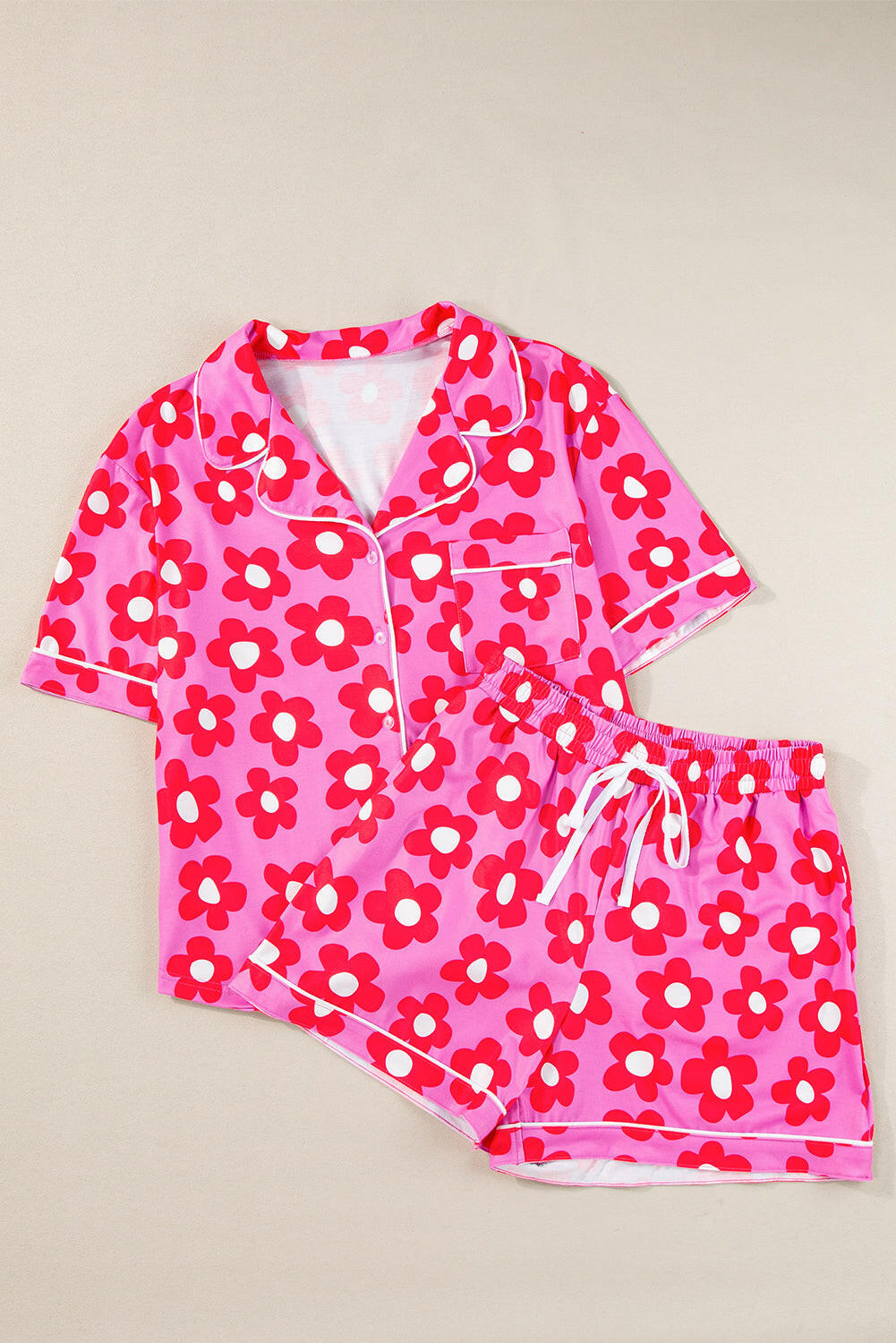 Luxury Flower Print Buttoned Shirt And Drawstring Waist Pajama Set.