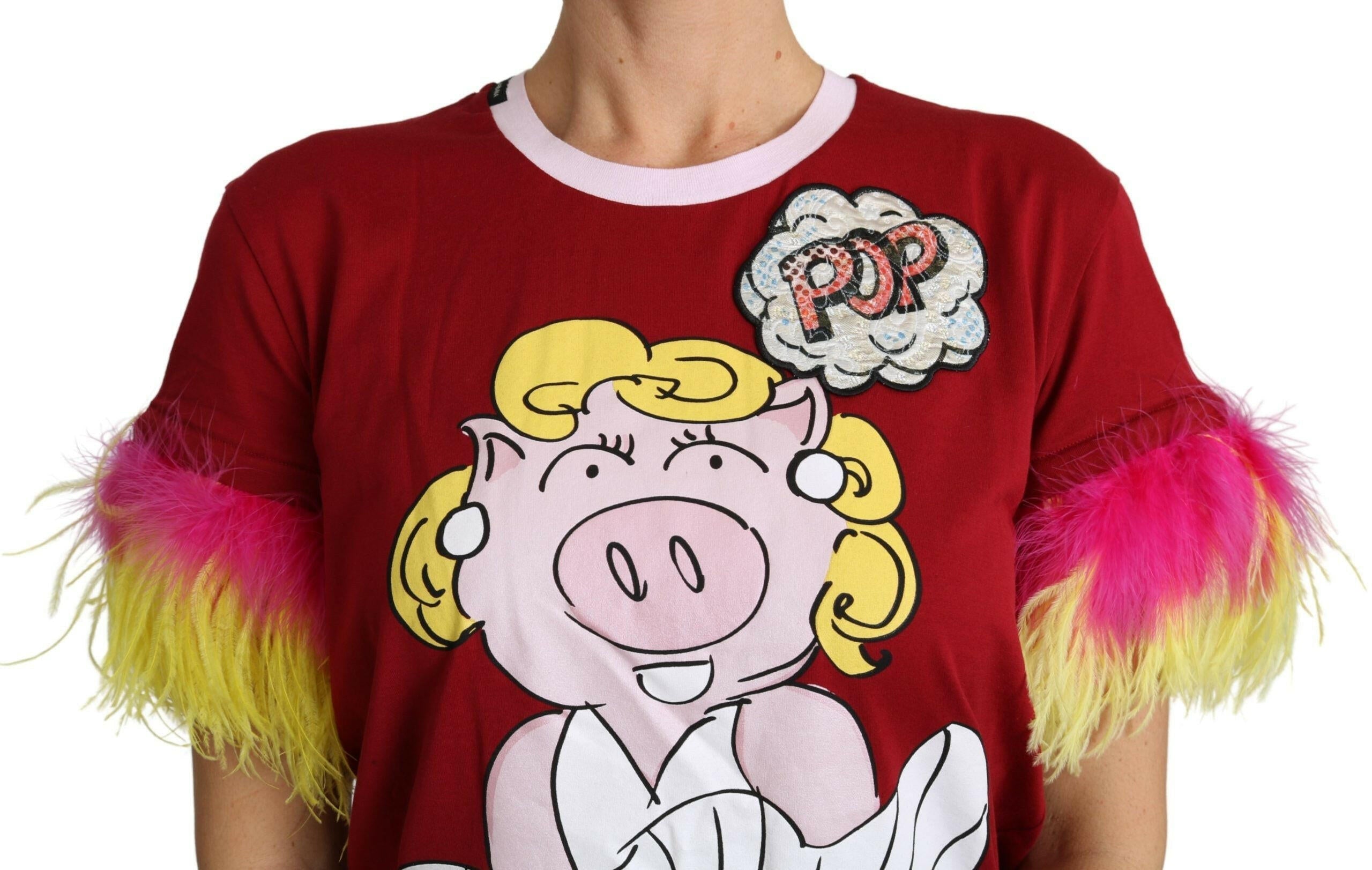 Dolce & Gabbana Red Pig Print Feather Sleeves T-shirt Top.